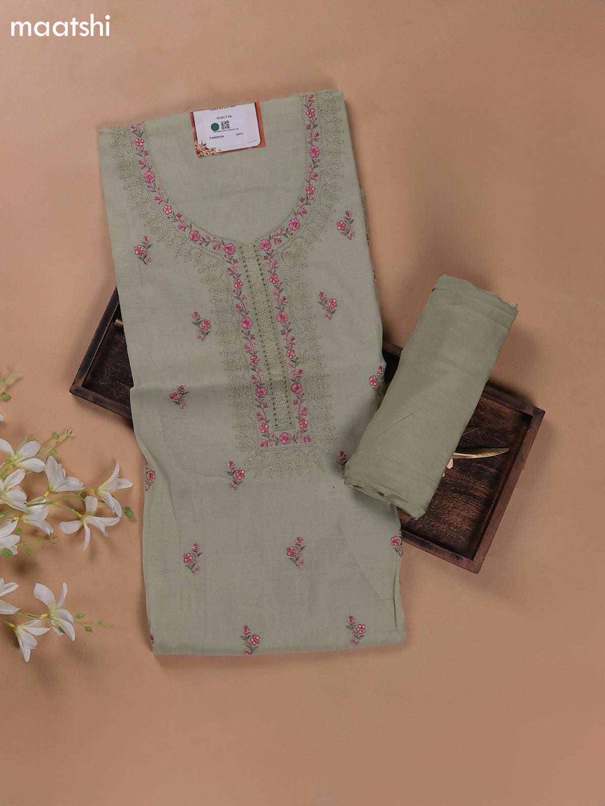 Mild Pista Green Mul Chanderi Dress Materials With Floral Embroidery Work