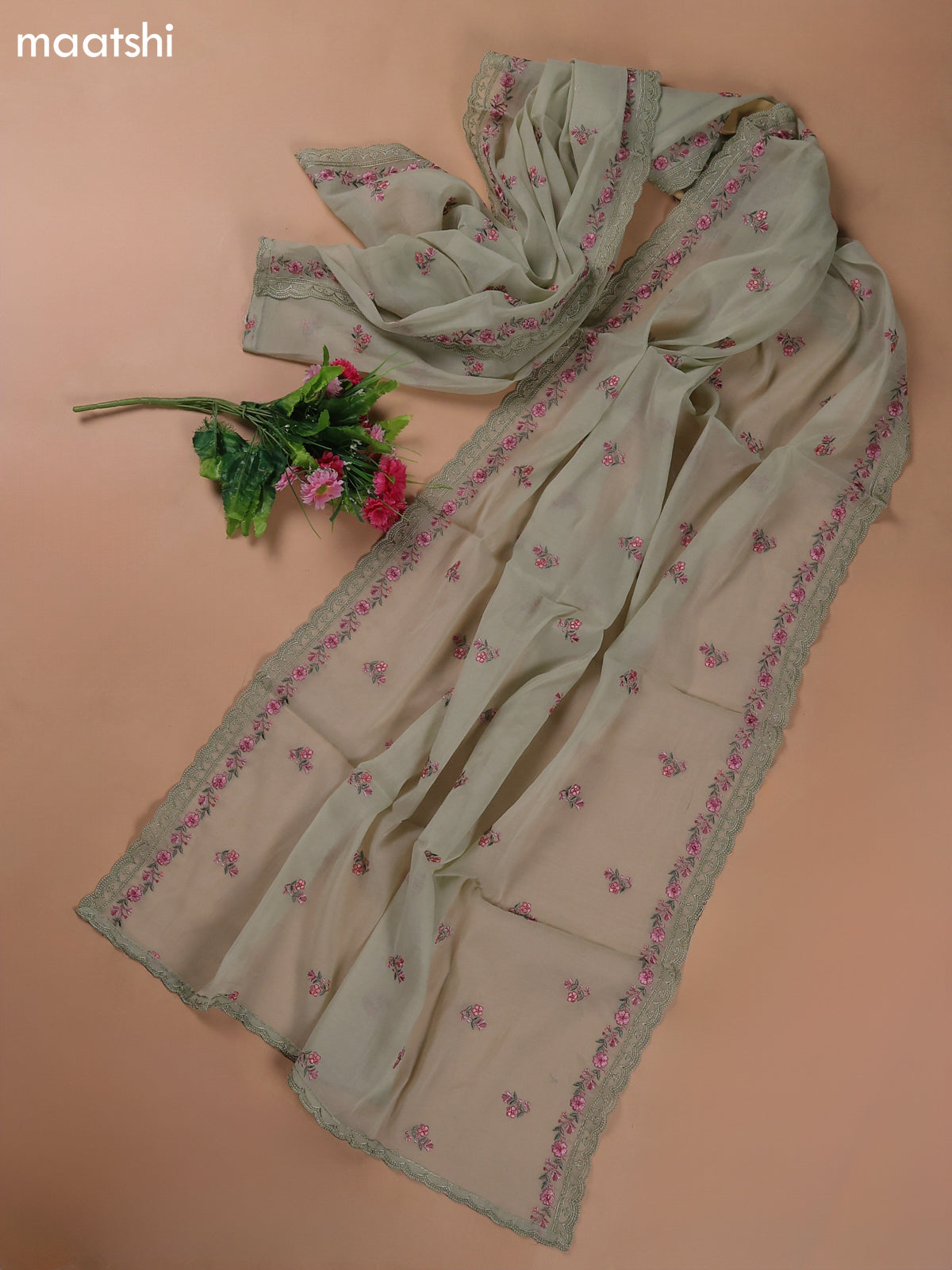 Mild Pista Green Mul Chanderi Dress Materials With Floral Embroidery Work