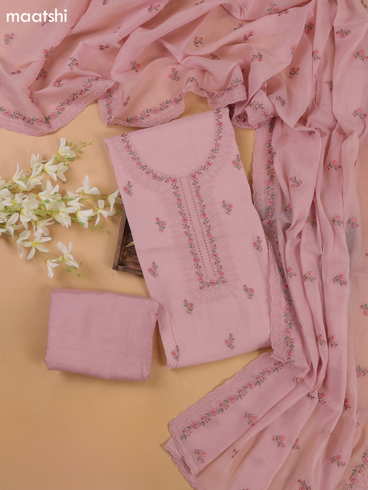 Mild Peach Pink Mul Chanderi Dress Materials With Floral Embroidery Work