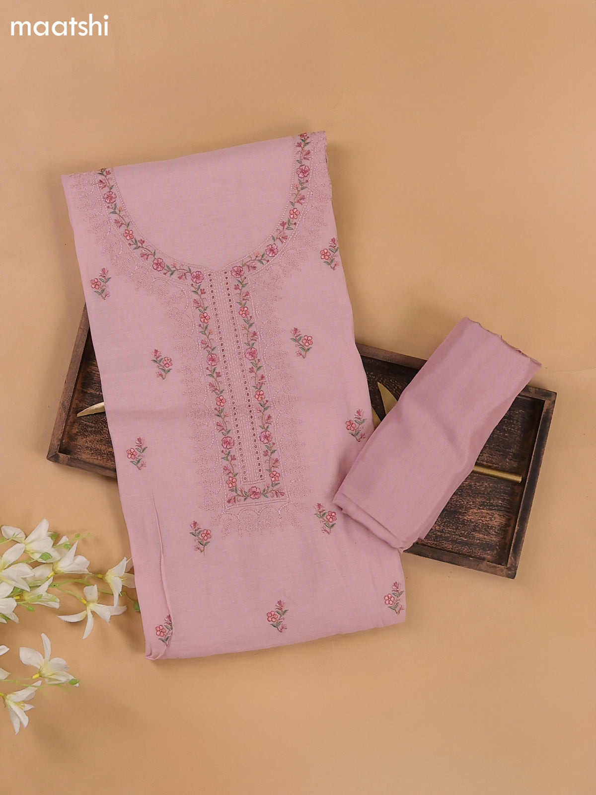 Mild Peach Pink Mul Chanderi Dress Materials With Floral Embroidery Work