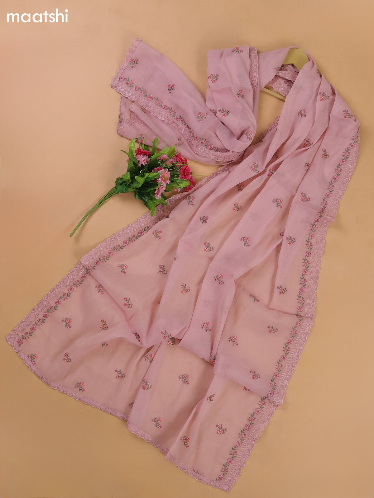 Mild Peach Pink Mul Chanderi Dress Materials With Floral Embroidery Work