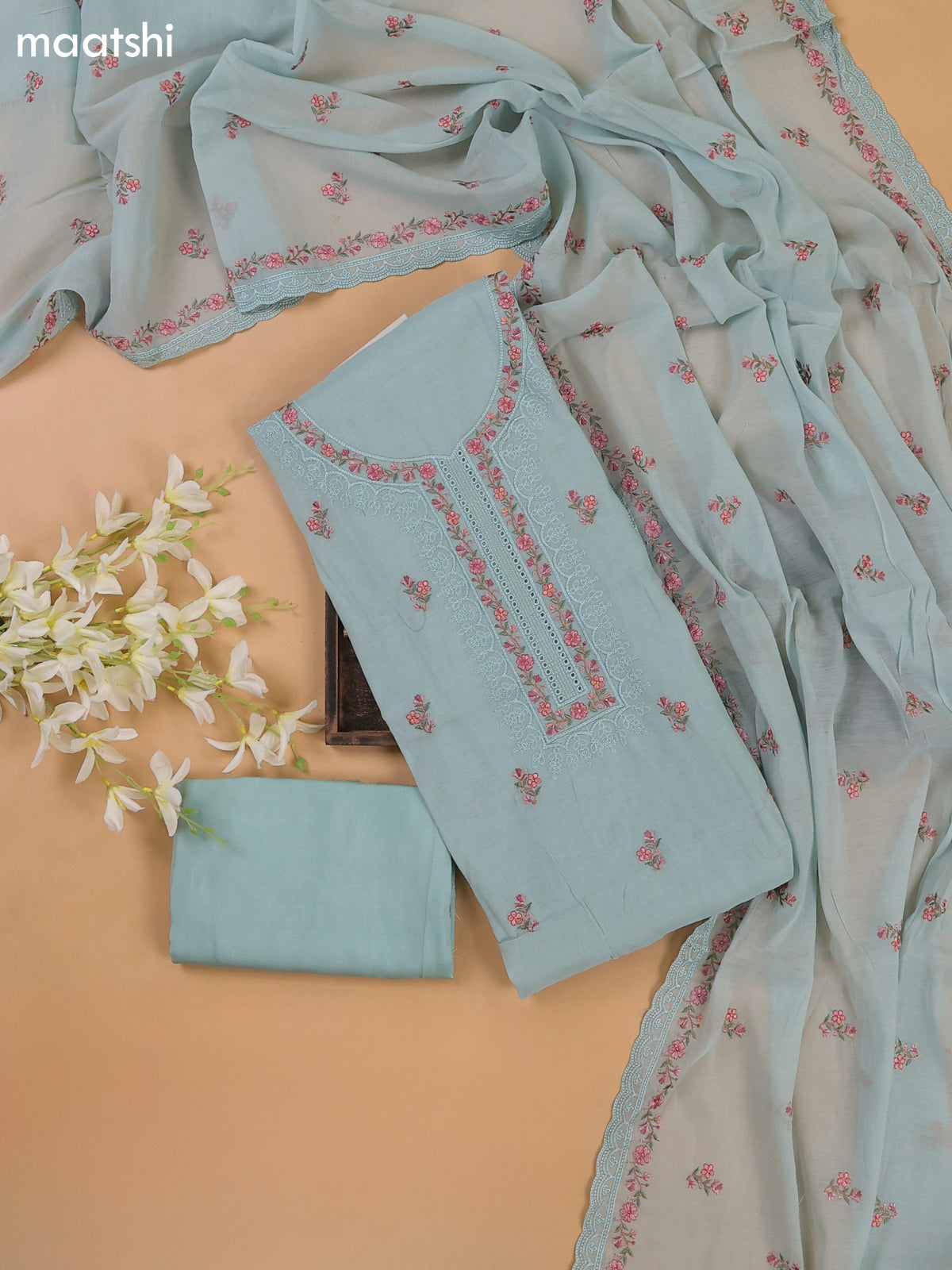 Pastel Blue Mul Chanderi Dress Materials With Floral Embroidery Work