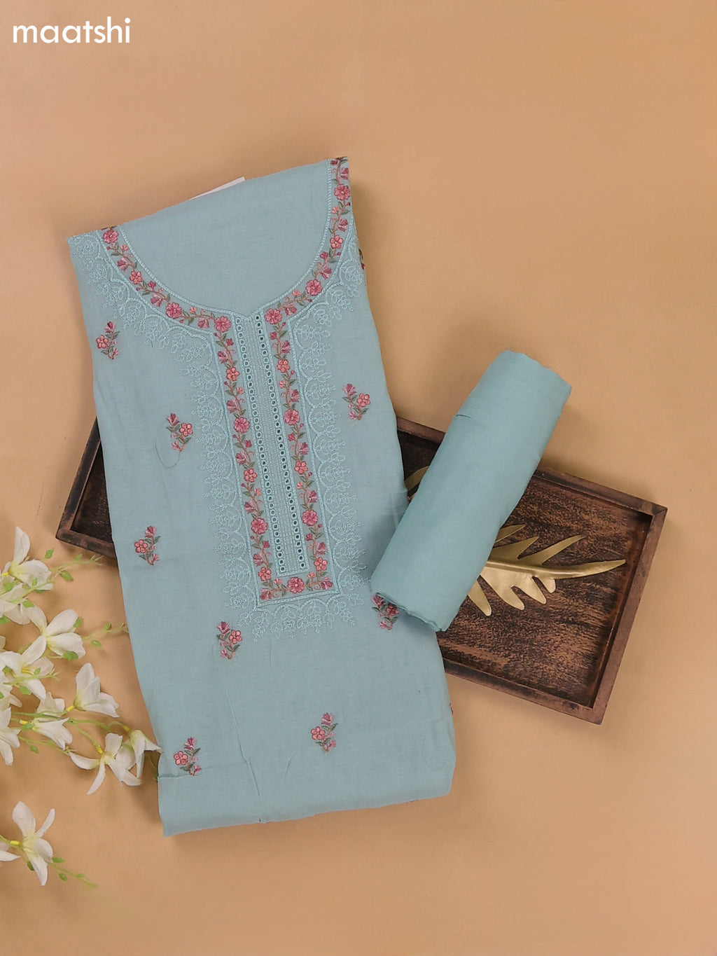 Pastel Blue Mul Chanderi Dress Materials With Floral Embroidery Work