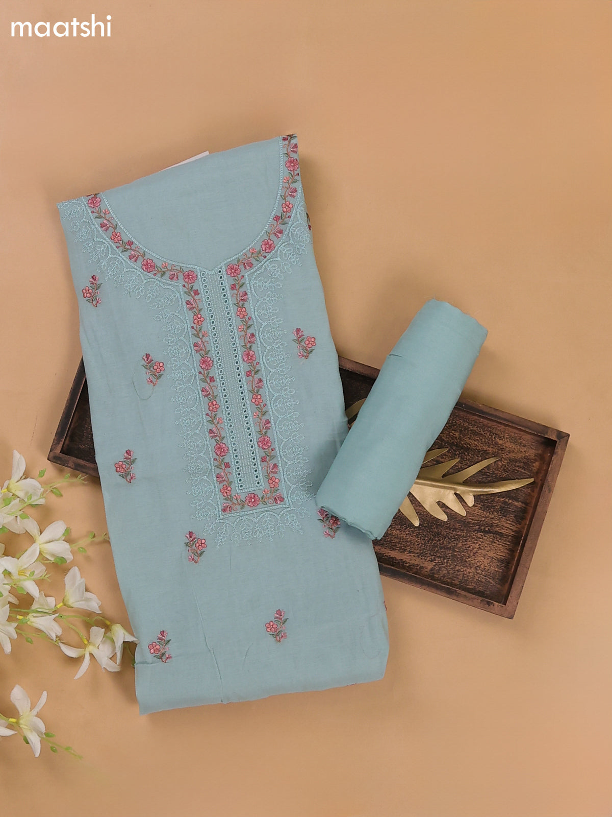 Pastel Blue Mul Chanderi Dress Materials With Floral Embroidery Work