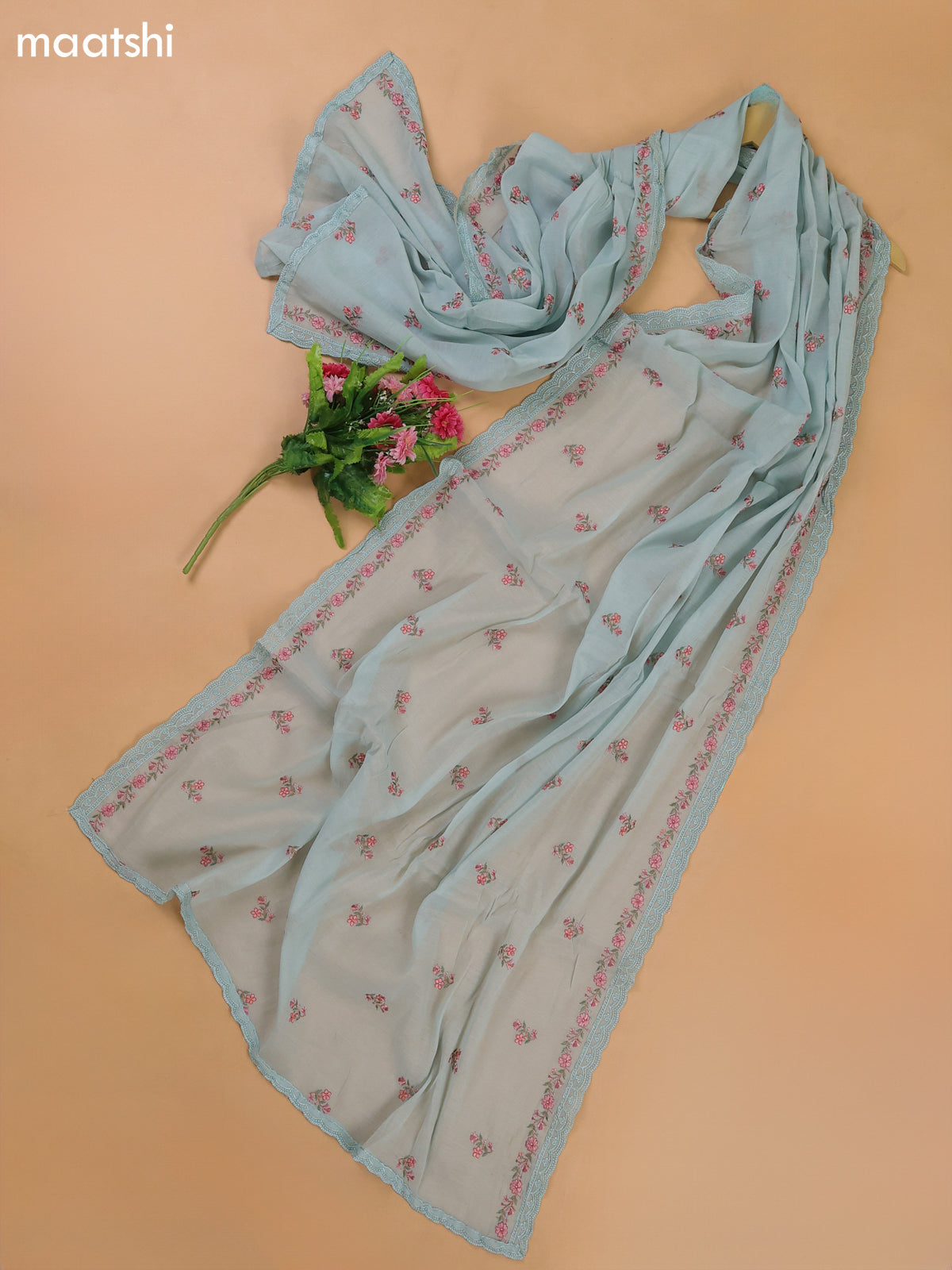 Pastel Blue Mul Chanderi Dress Materials With Floral Embroidery Work