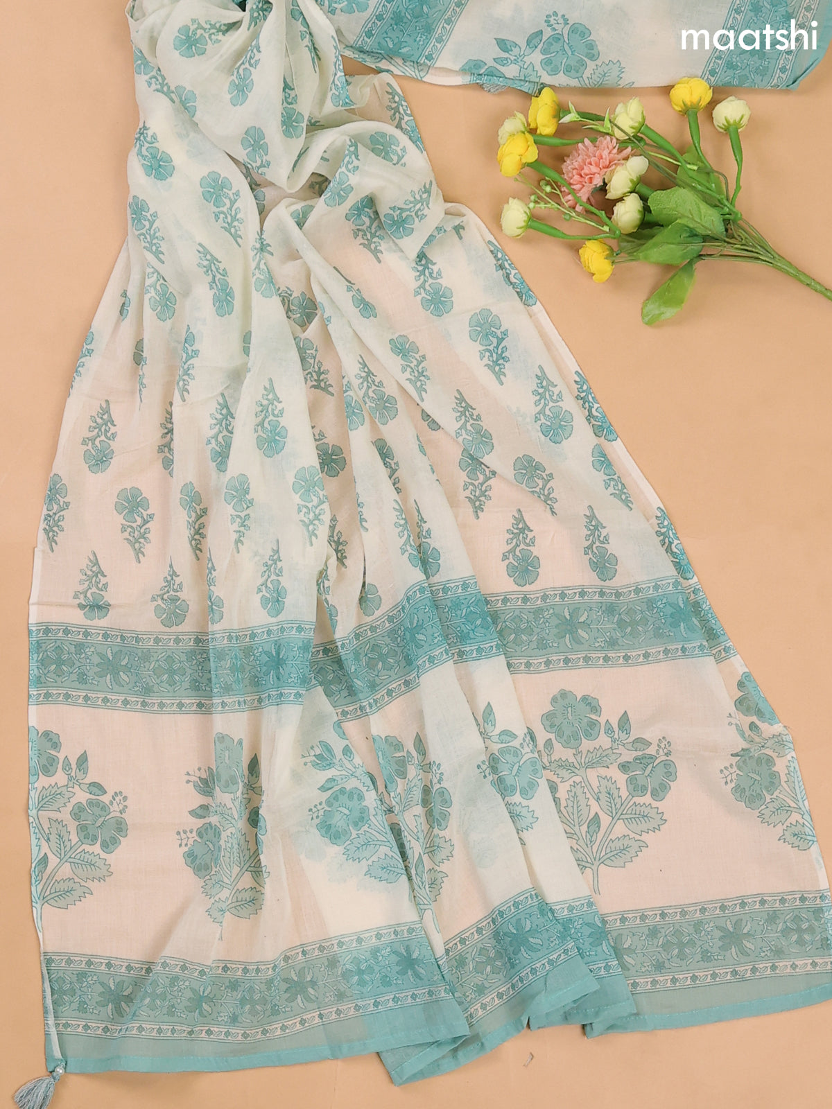 Off White and Teal Green Cotton Dress Materials With Floral Buttas and Lace Work Pattern
