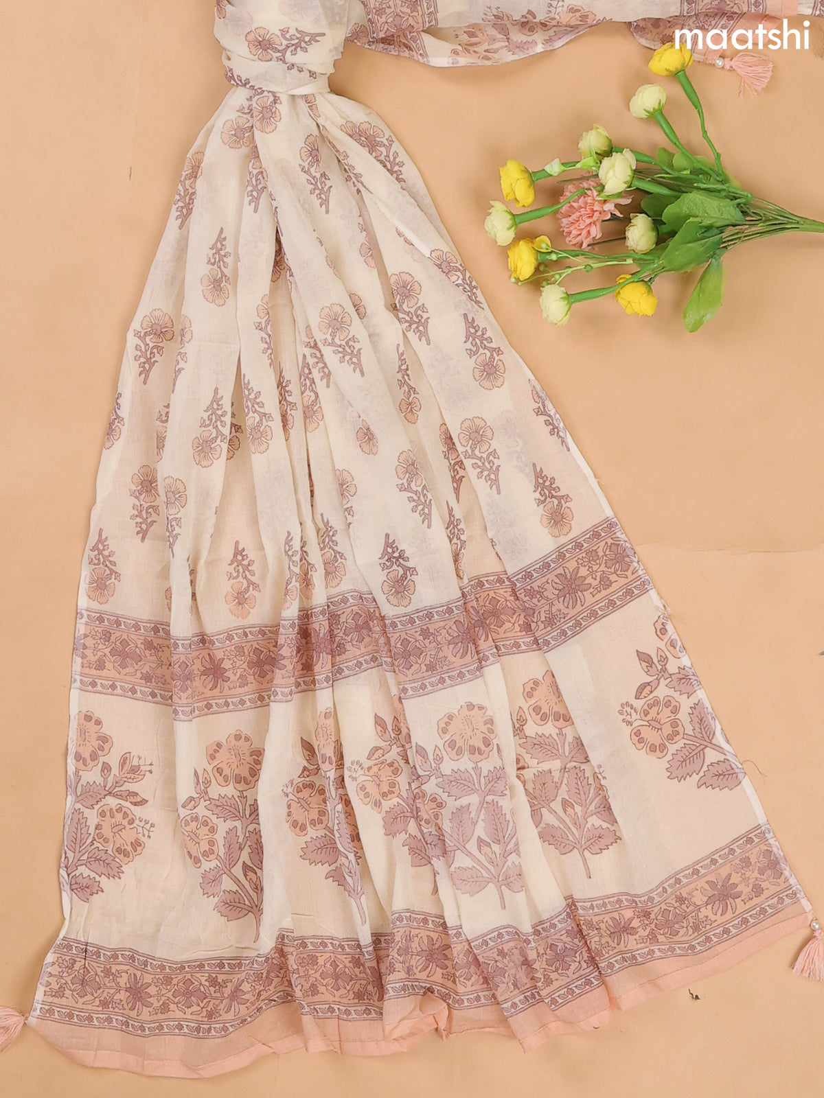 Cream and Peach Cotton Dress Materials With Floral Buttas and Lace Work Pattern
