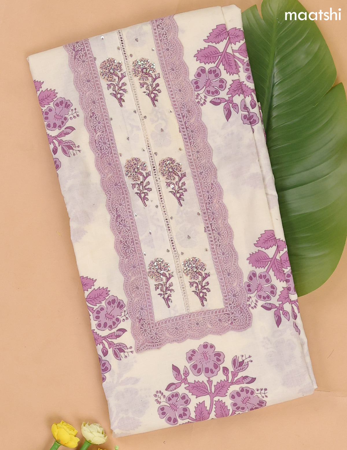 Off White and Lavender Cotton Dress Materials With Floral Buttas and Lace Work Pattern