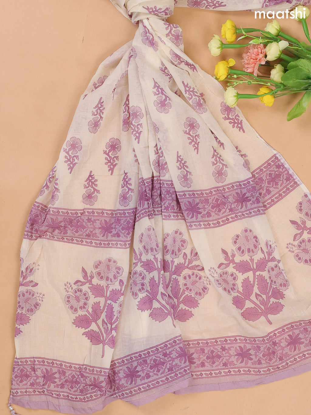 Off White and Lavender Cotton Dress Materials With Floral Buttas and Lace Work Pattern