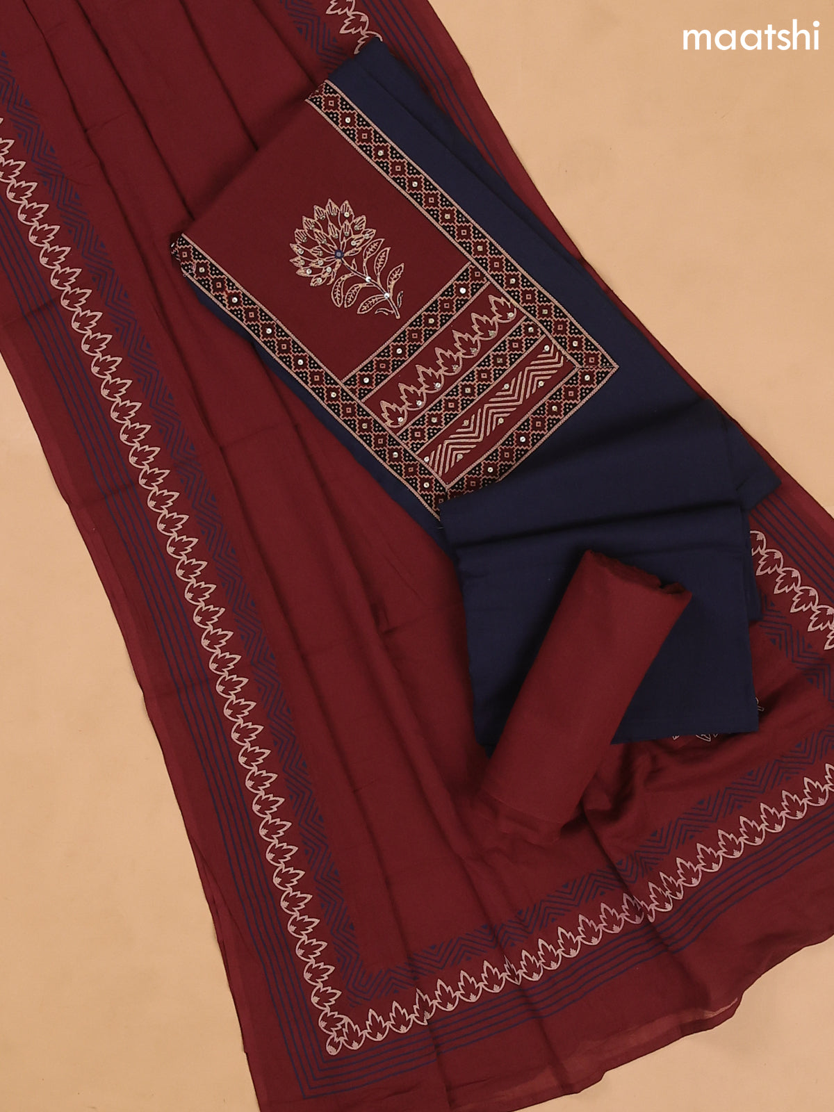 Navy Blue and Maroon Cotton Dress Materials With Patch Work Neck Pattern