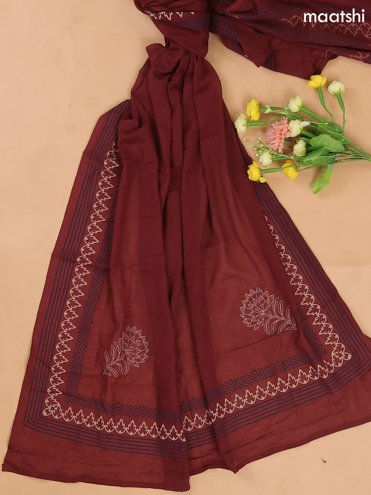 Navy Blue and Maroon Cotton Dress Materials With Patch Work Neck Pattern