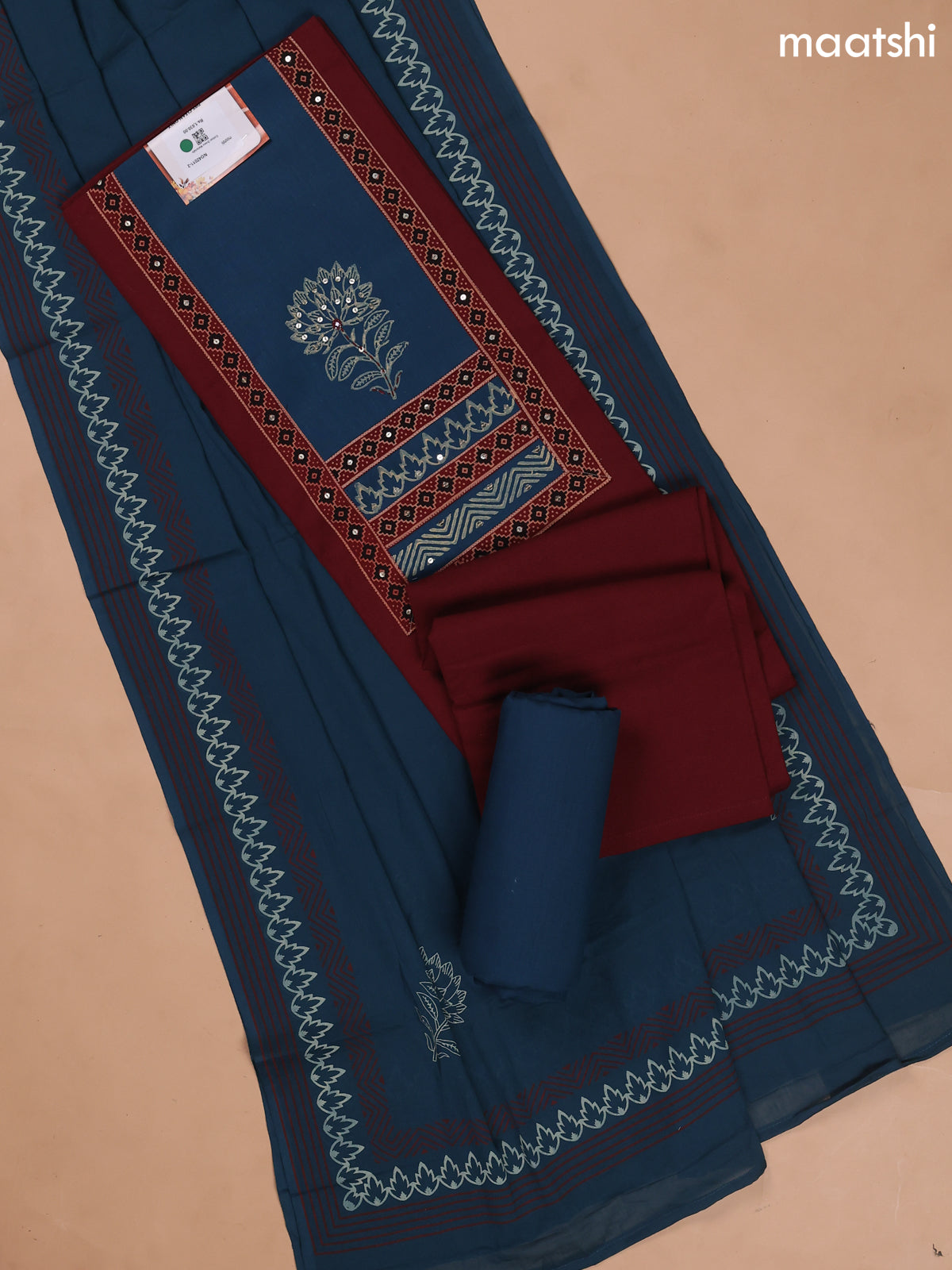 Maroon and Peacock Blue Cotton Dress Materials With Patch Work Neck Pattern