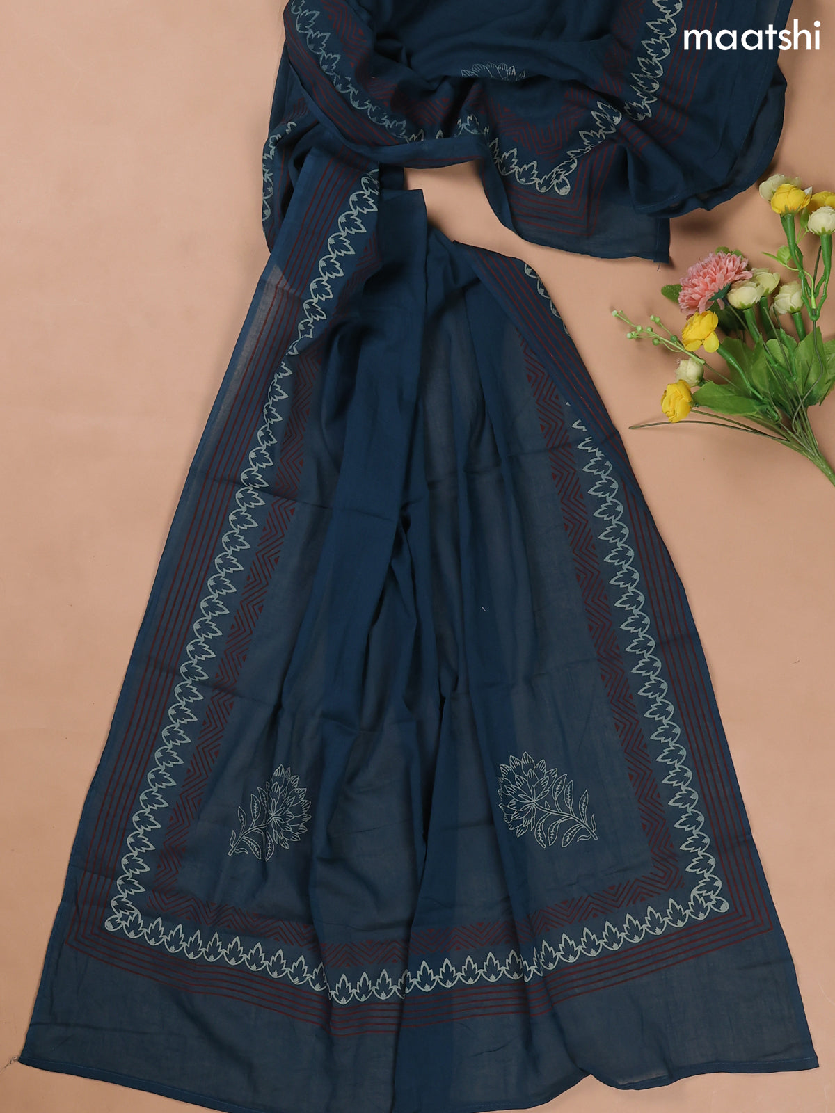 Maroon and Peacock Blue Cotton Dress Materials With Patch Work Neck Pattern