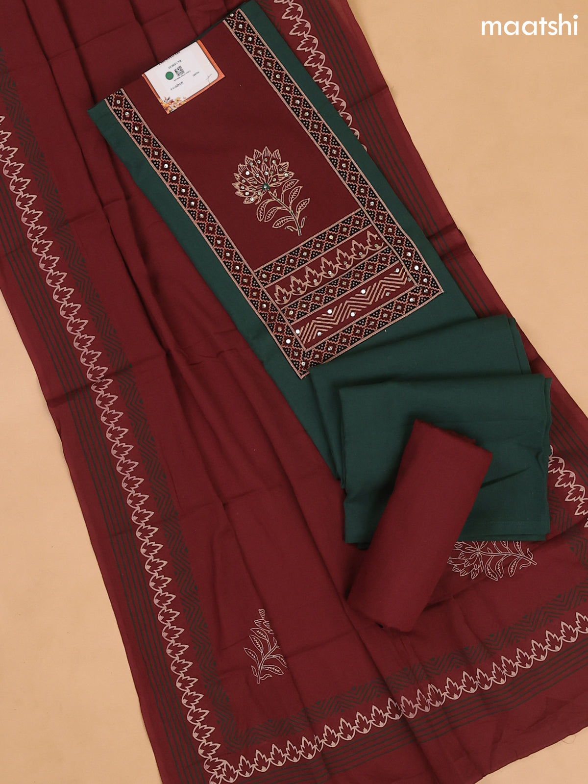 Dark Green and Maroon Cotton Dress Materials With Patch Work Neck Pattern