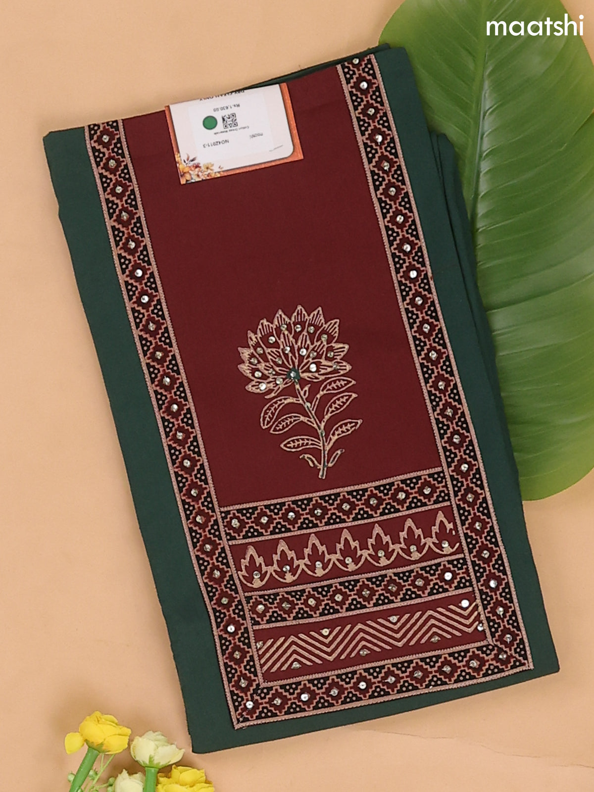 Dark Green and Maroon Cotton Dress Materials With Patch Work Neck Pattern
