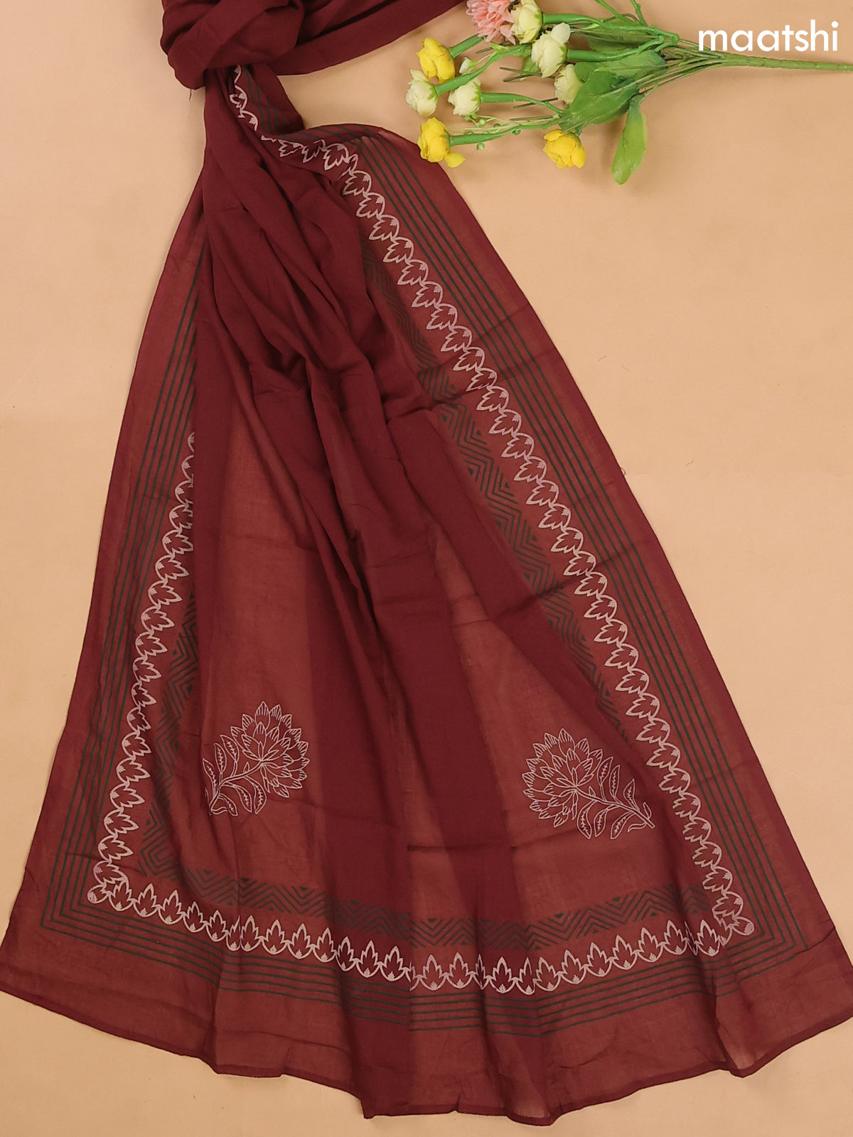 Dark Green and Maroon Cotton Dress Materials With Patch Work Neck Pattern