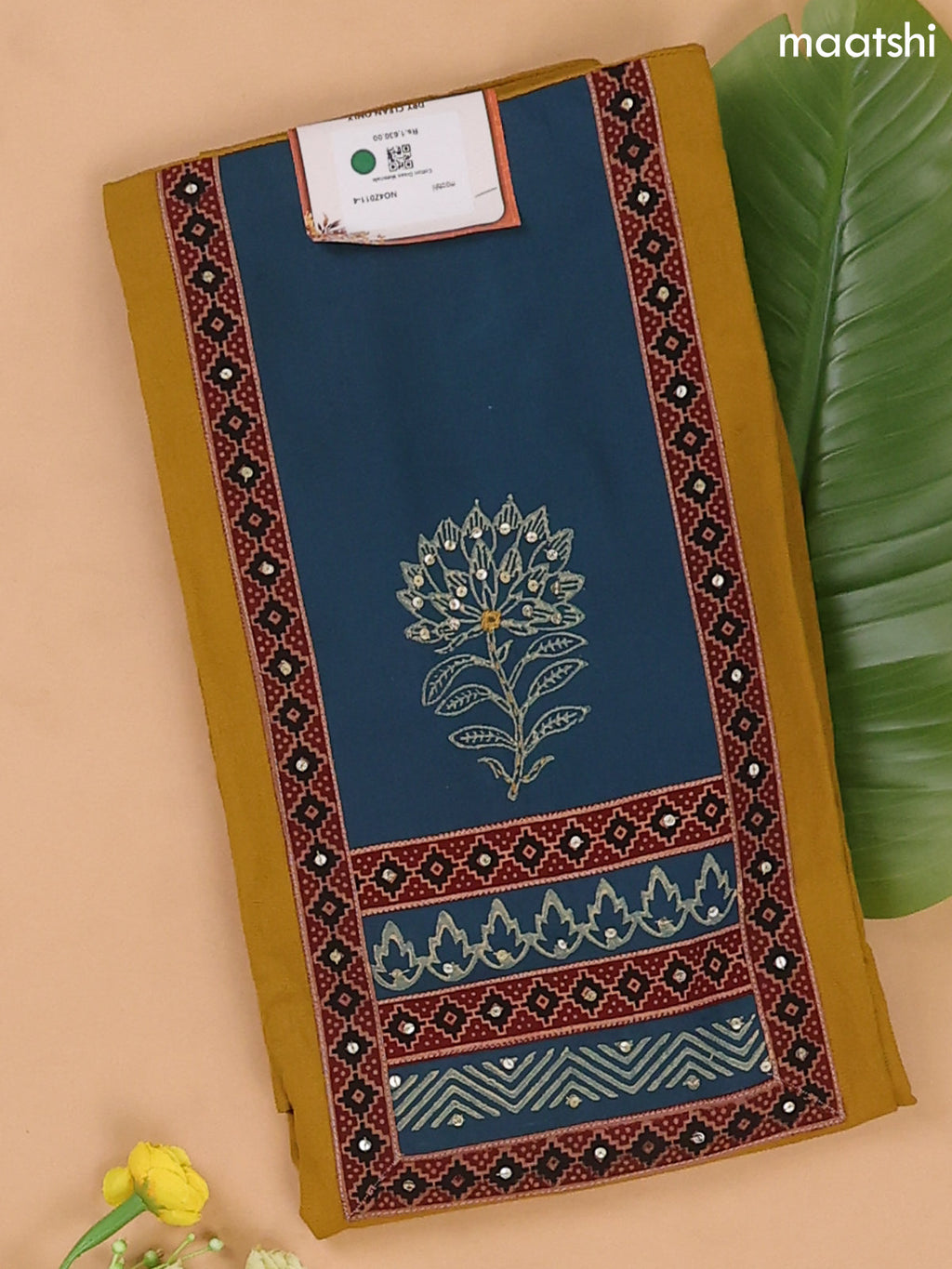 Musted Yellow and Peacock Blue Cotton Dress Materials With Patch Work Neck Pattern