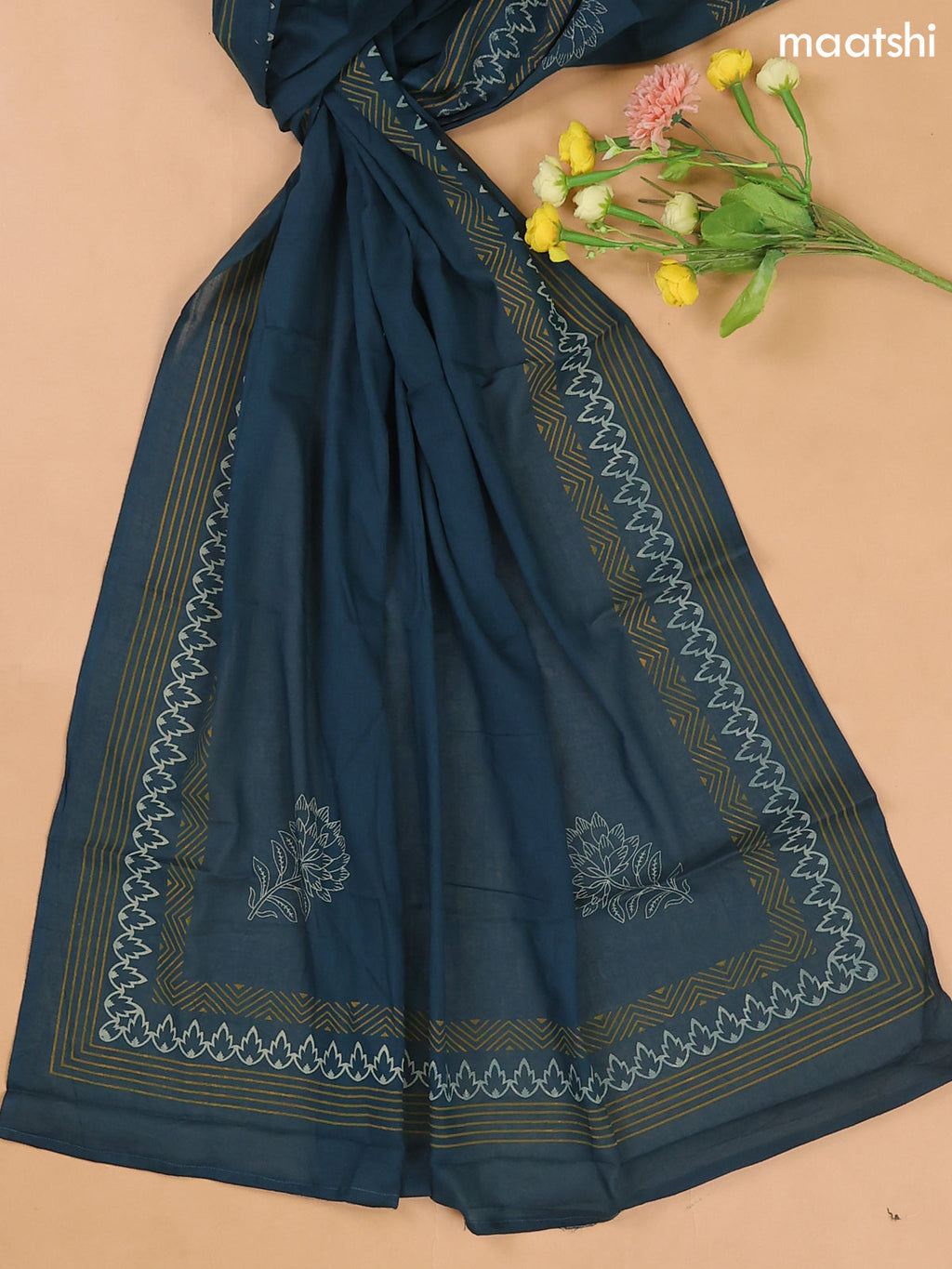 Musted Yellow and Peacock Blue Cotton Dress Materials With Patch Work Neck Pattern