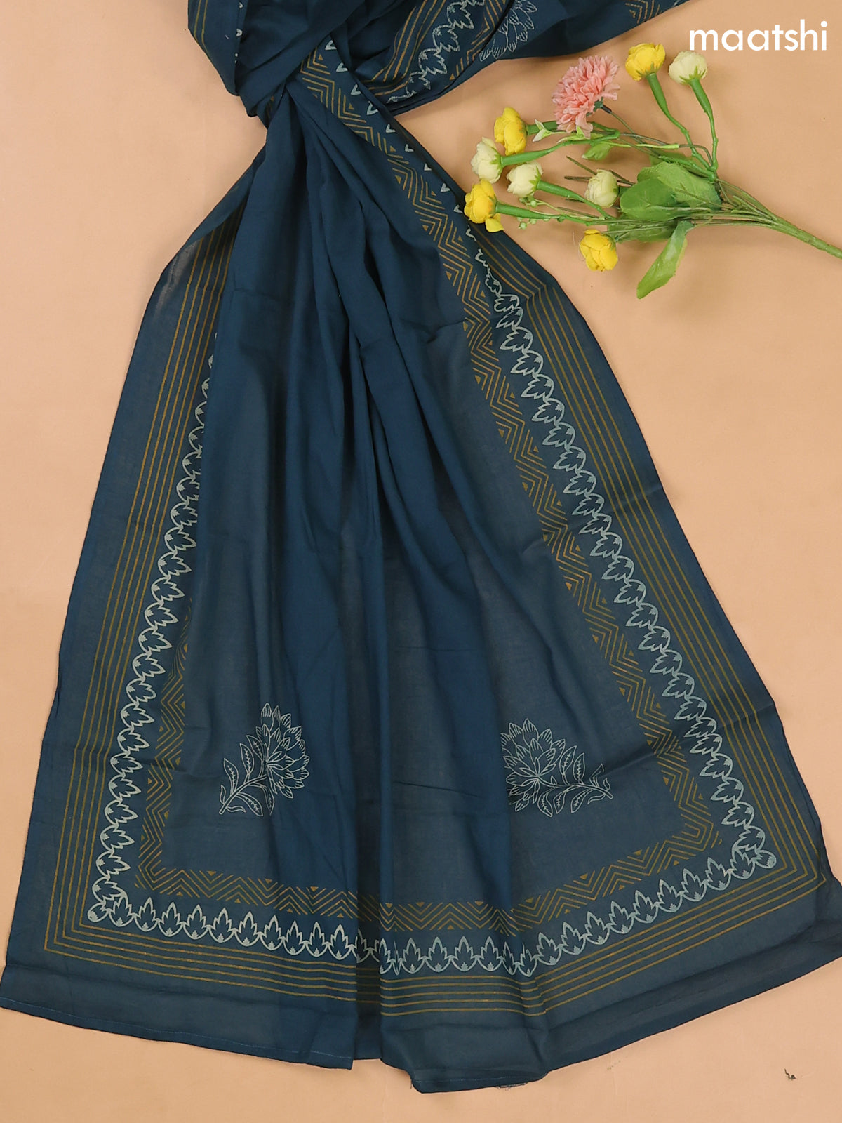 Musted Yellow and Peacock Blue Cotton Dress Materials With Patch Work Neck Pattern
