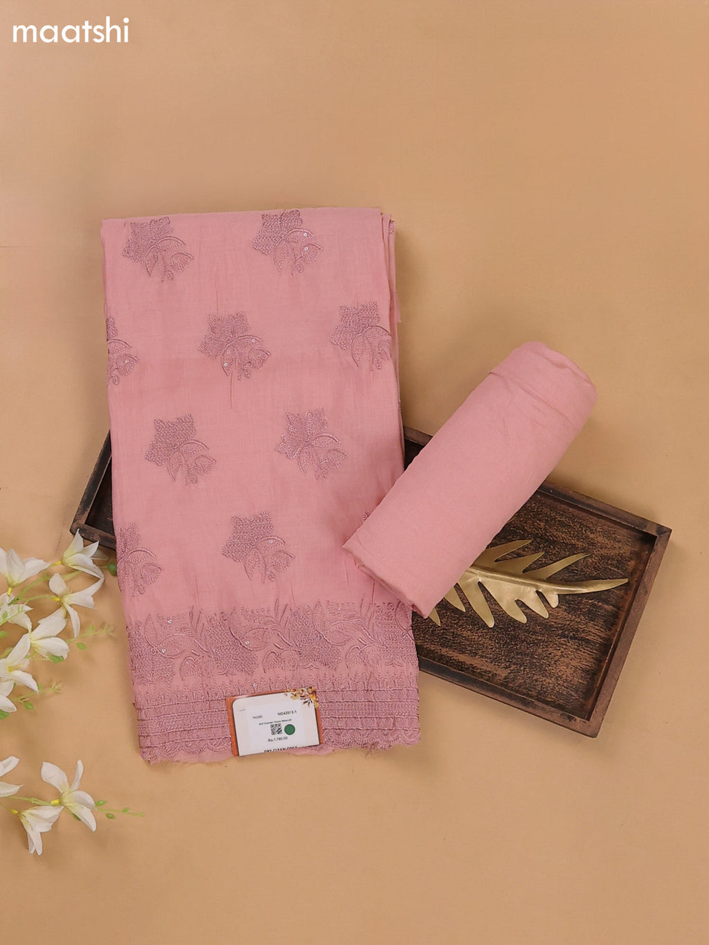 Peach Pink Mul Chanderi Dress Materials With Floral Embroidery Work