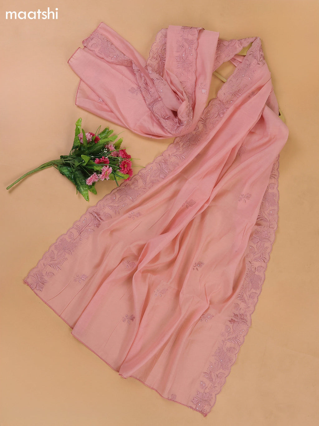 Peach Pink Mul Chanderi Dress Materials With Floral Embroidery Work