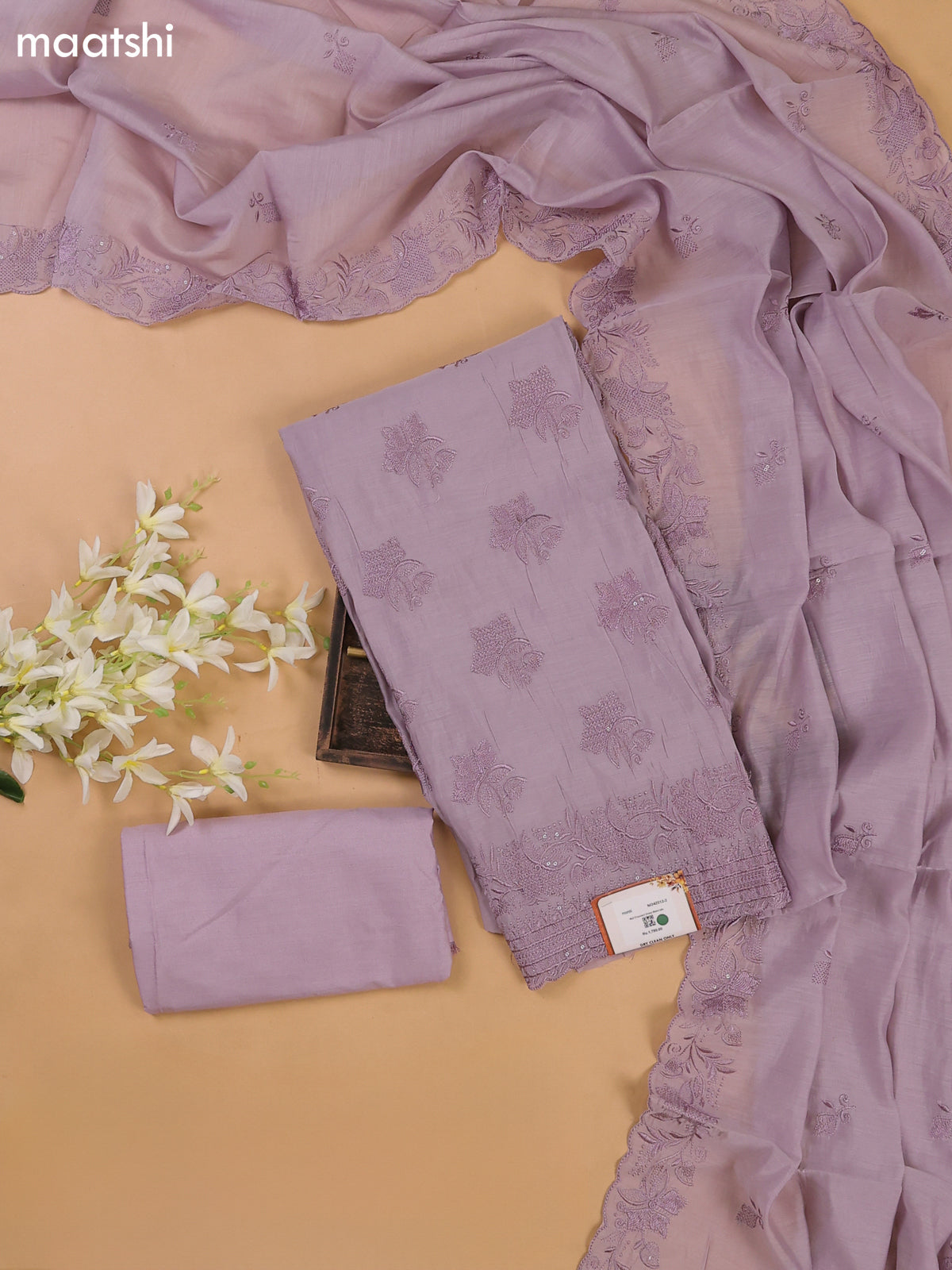 Lavender Mul Chanderi Dress Materials With Floral Embroidery Work
