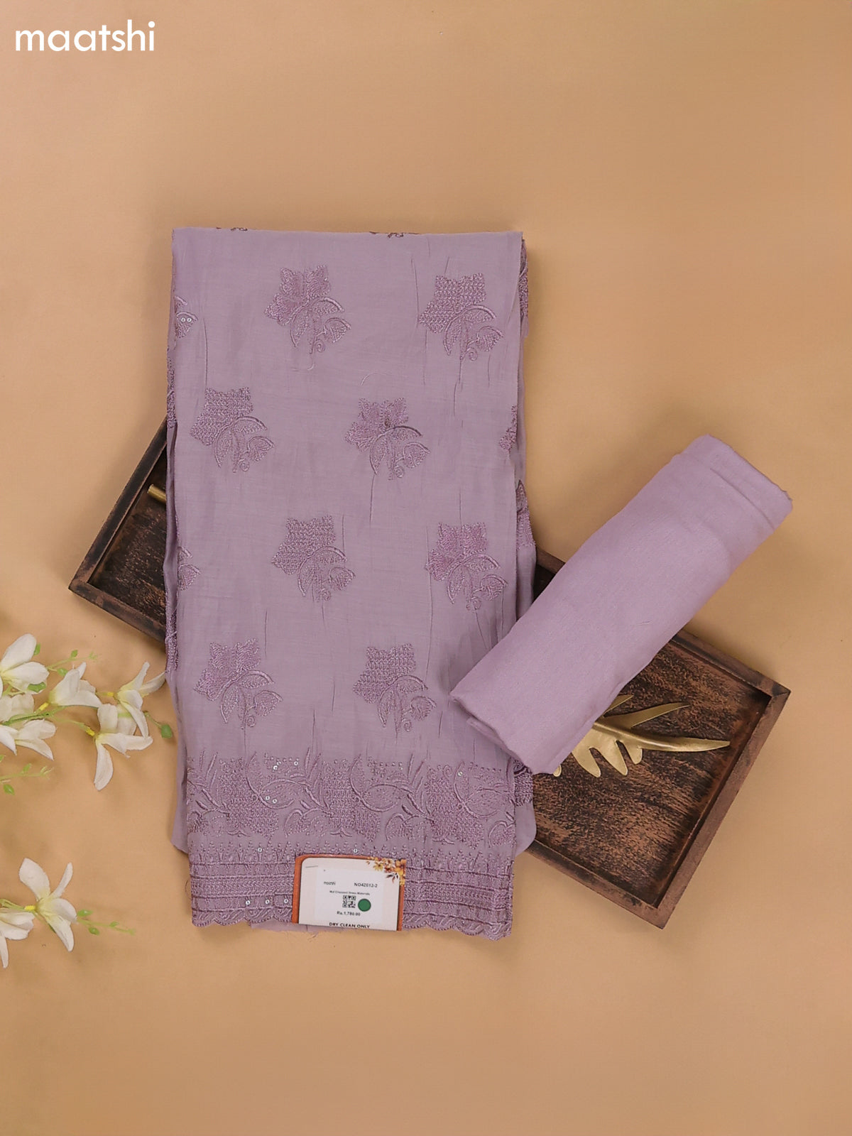 Lavender Mul Chanderi Dress Materials With Floral Embroidery Work