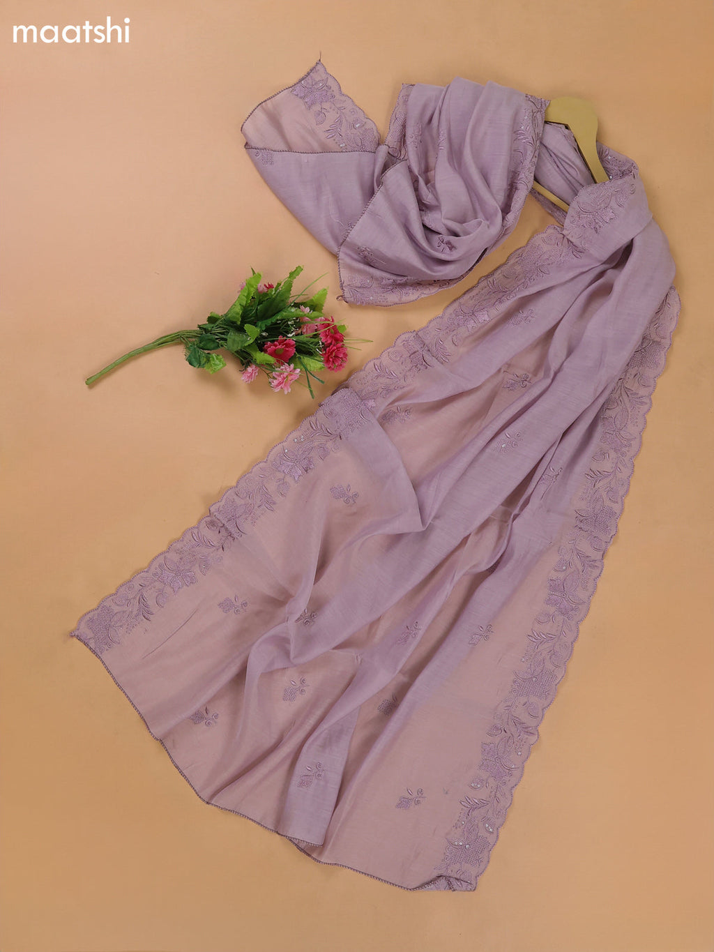 Lavender Mul Chanderi Dress Materials With Floral Embroidery Work