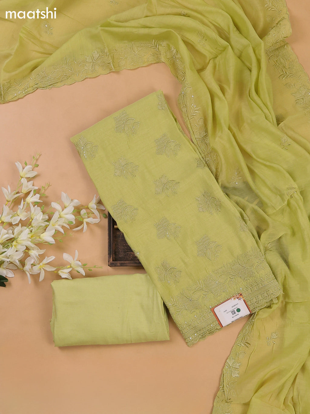 Pista Green Mul Chanderi Dress Materials With Floral Embroidery Work