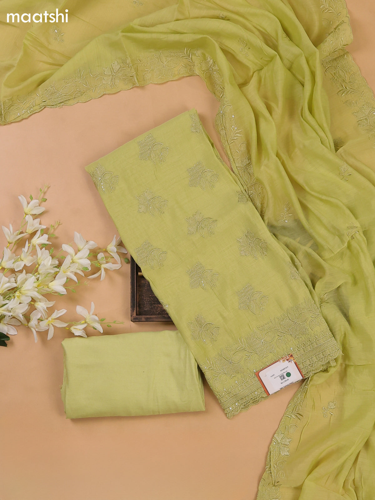 Pista Green Mul Chanderi Dress Materials With Floral Embroidery Work