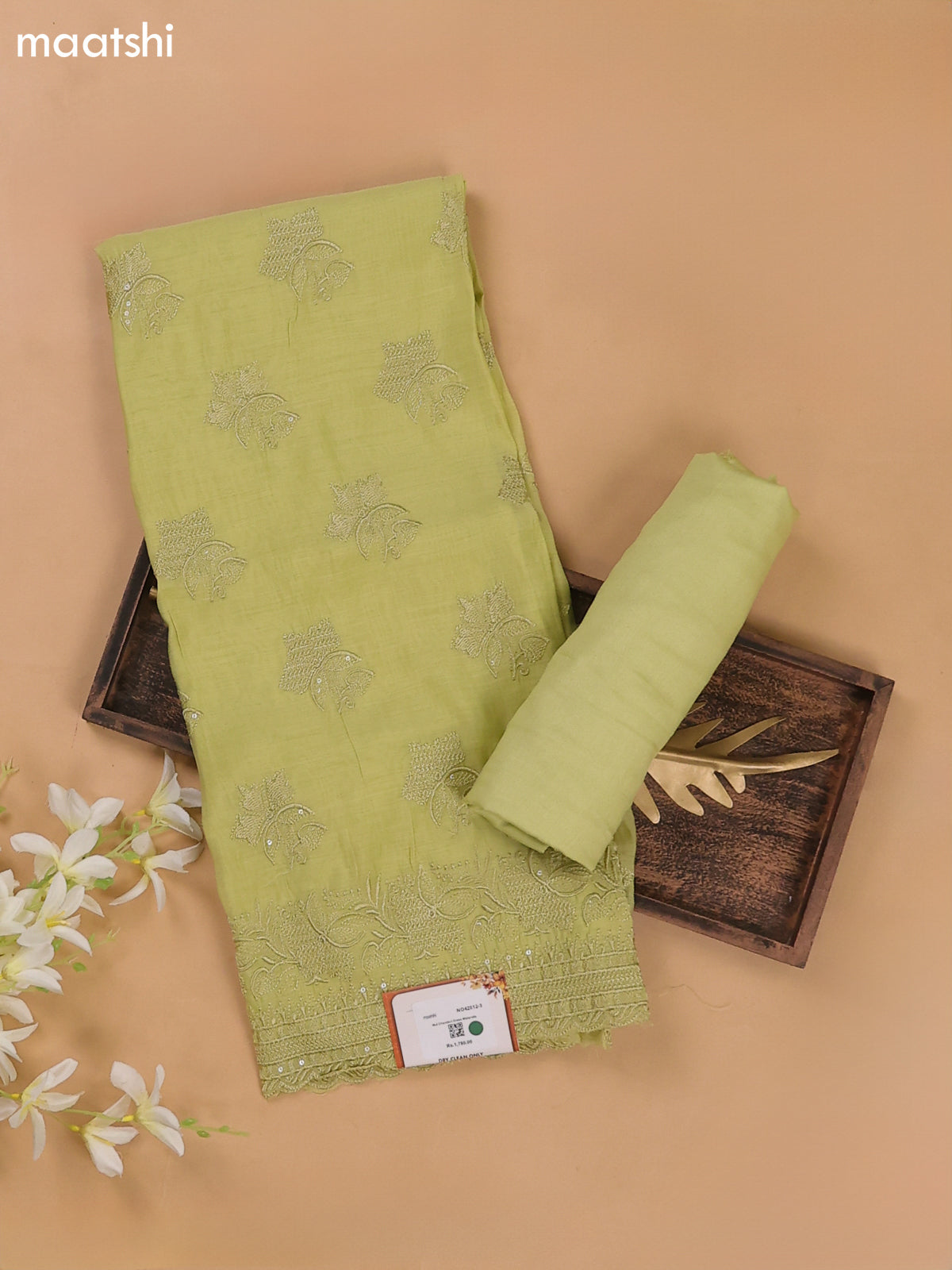 Pista Green Mul Chanderi Dress Materials With Floral Embroidery Work