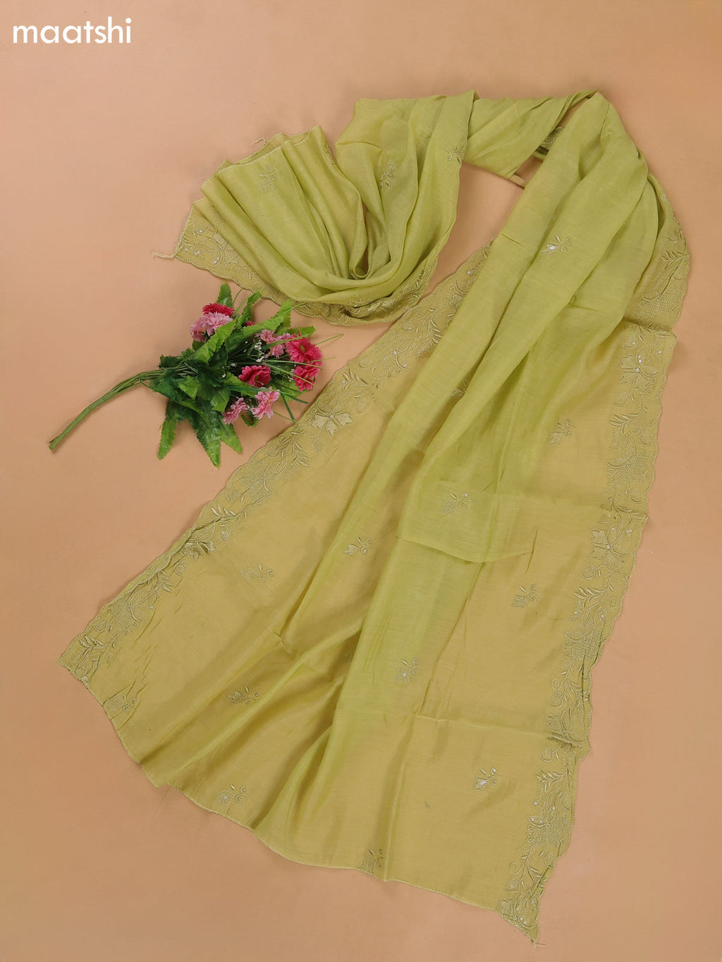 Pista Green Mul Chanderi Dress Materials With Floral Embroidery Work