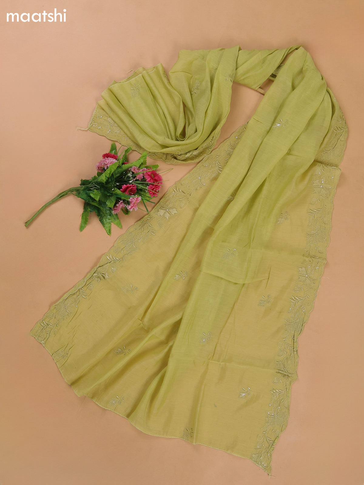 Pista Green Mul Chanderi Dress Materials With Floral Embroidery Work