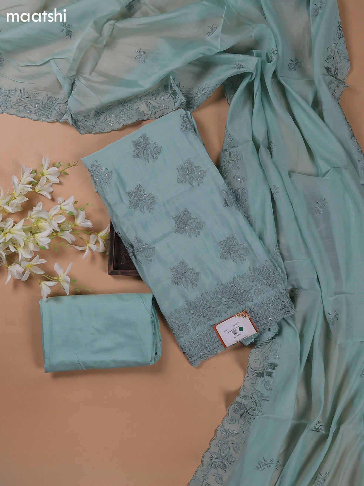 Teal Shade Mul Chanderi Dress Materials With Floral Embroidery Work