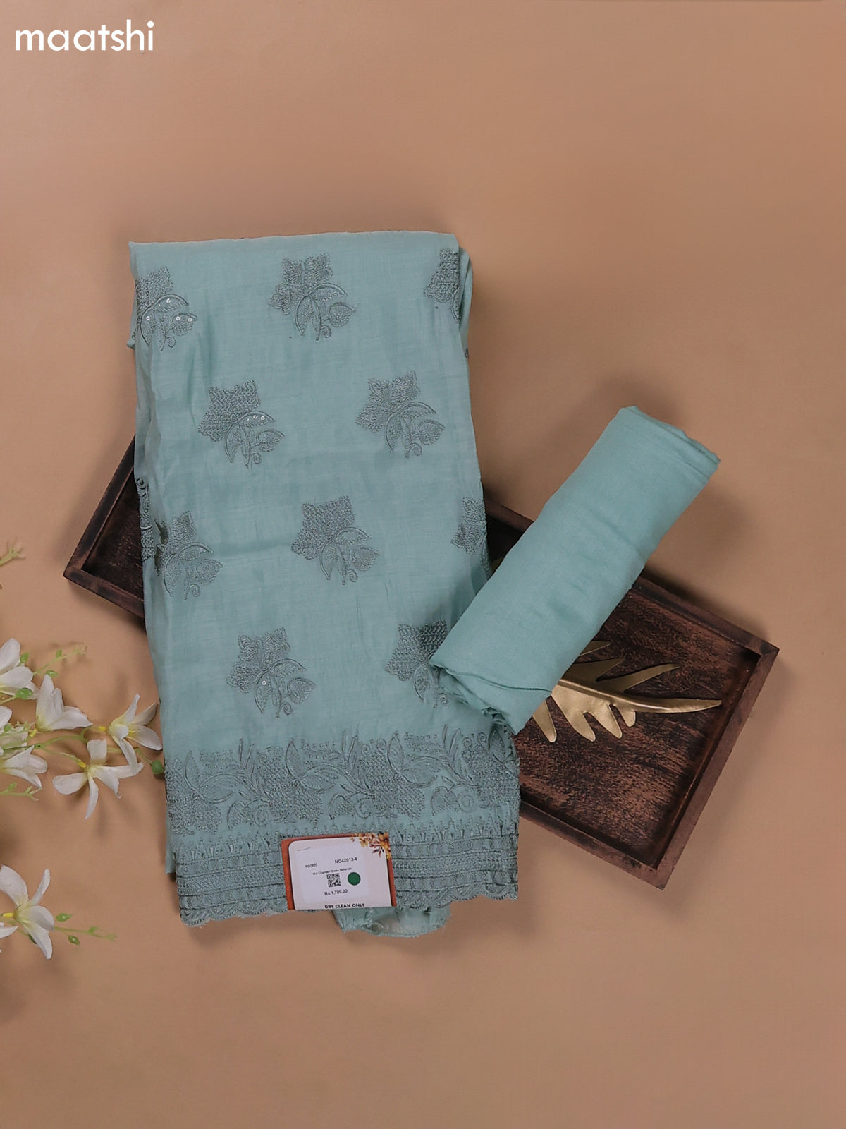 Teal Shade Mul Chanderi Dress Materials With Floral Embroidery Work