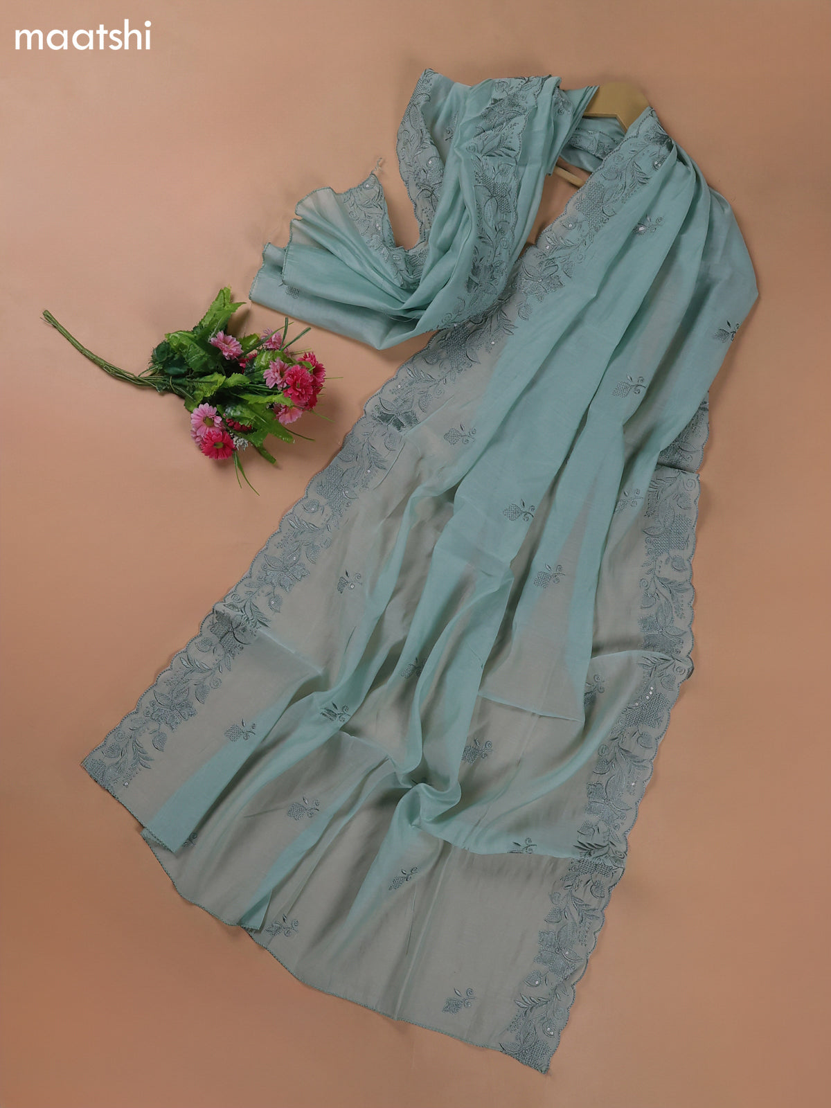 Teal Shade Mul Chanderi Dress Materials With Floral Embroidery Work