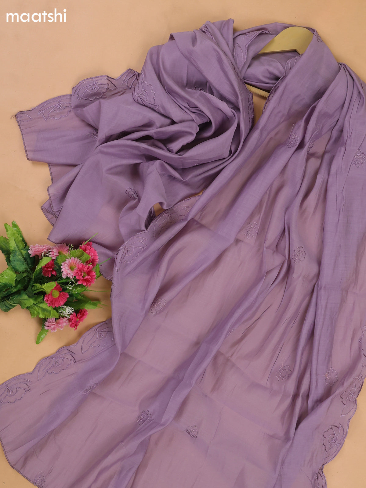 Lavendor Mul Chanderi Dress Materials With Floral Embroidery Work