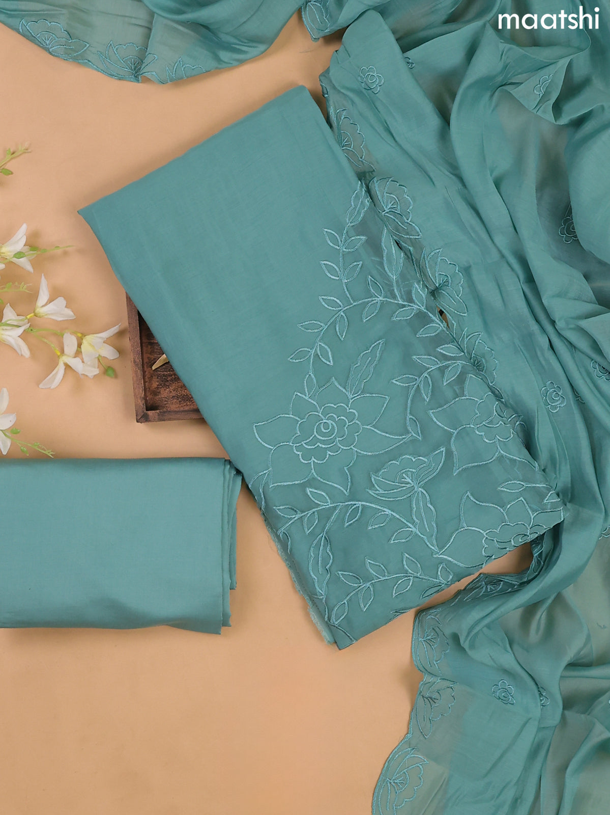Teal Green Mul Chanderi Dress Materials With Floral Embroidery Work