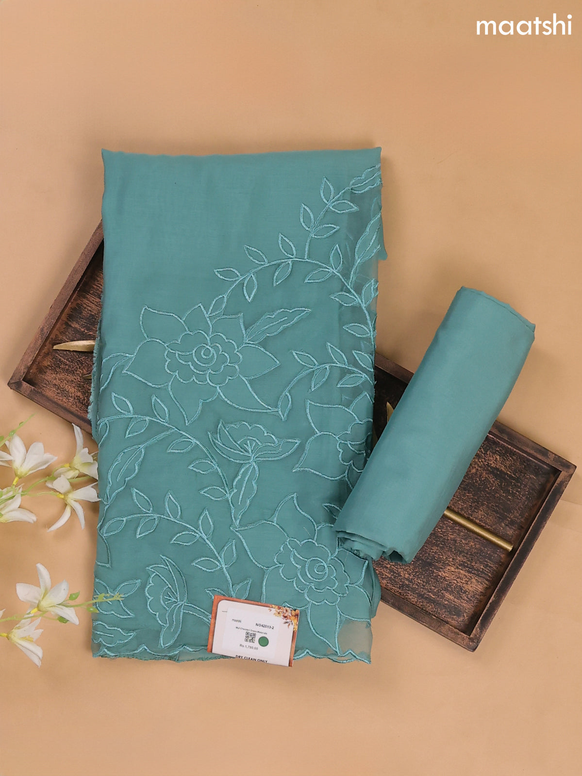 Teal Green Mul Chanderi Dress Materials With Floral Embroidery Work