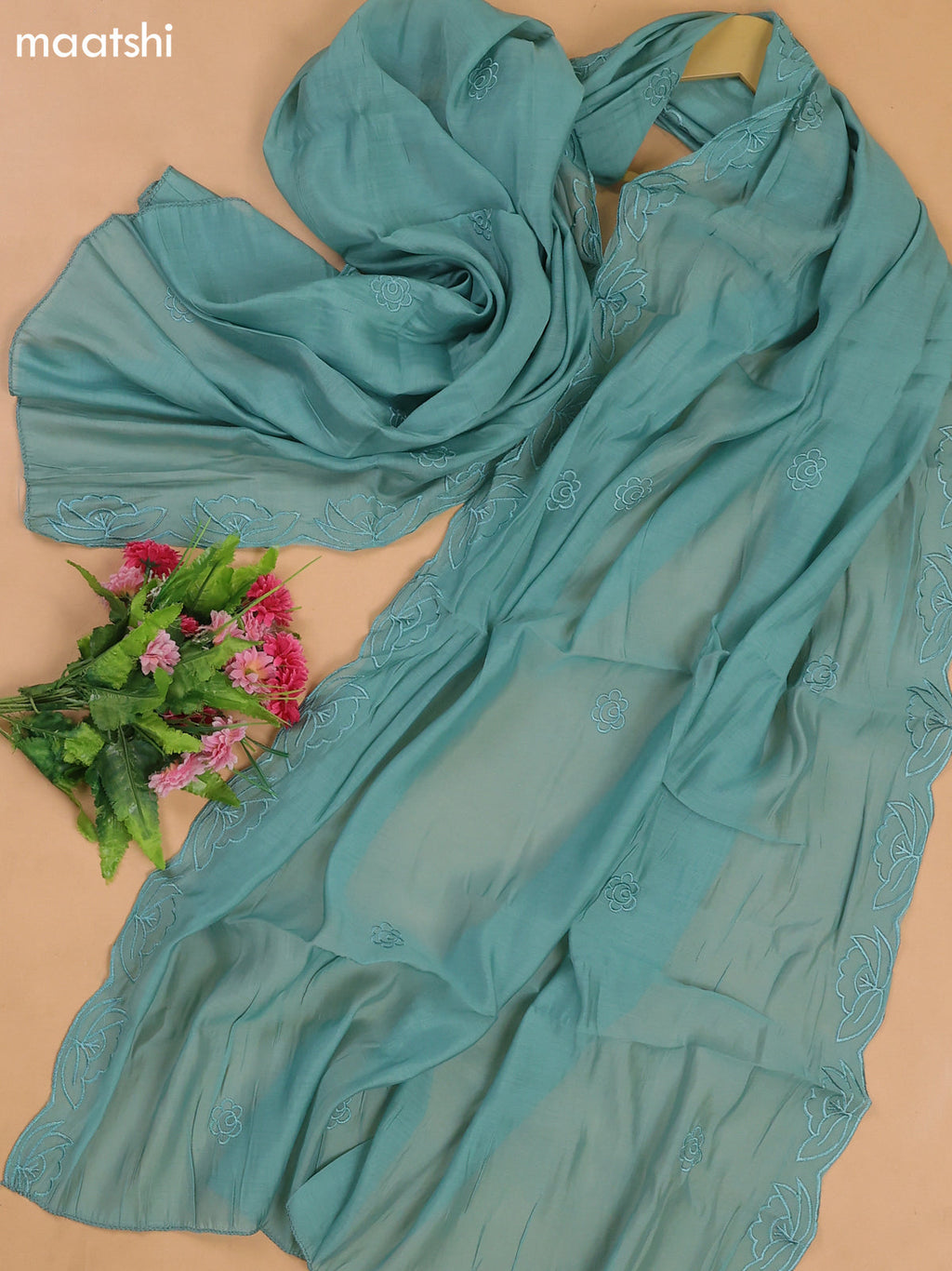 Teal Green Mul Chanderi Dress Materials With Floral Embroidery Work