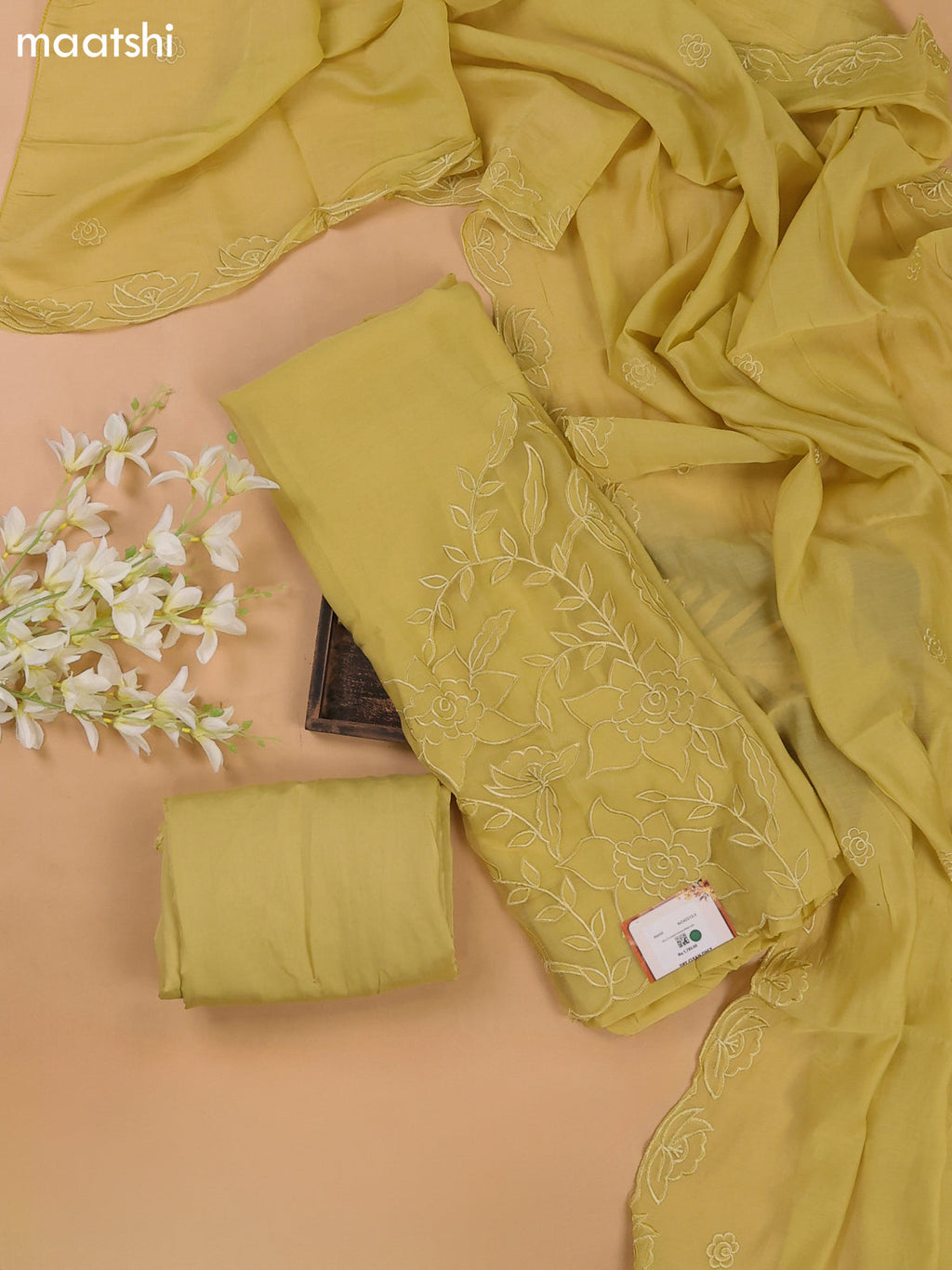 Pale Yellow Mul Chanderi Dress Materials With Floral Embroidery Work