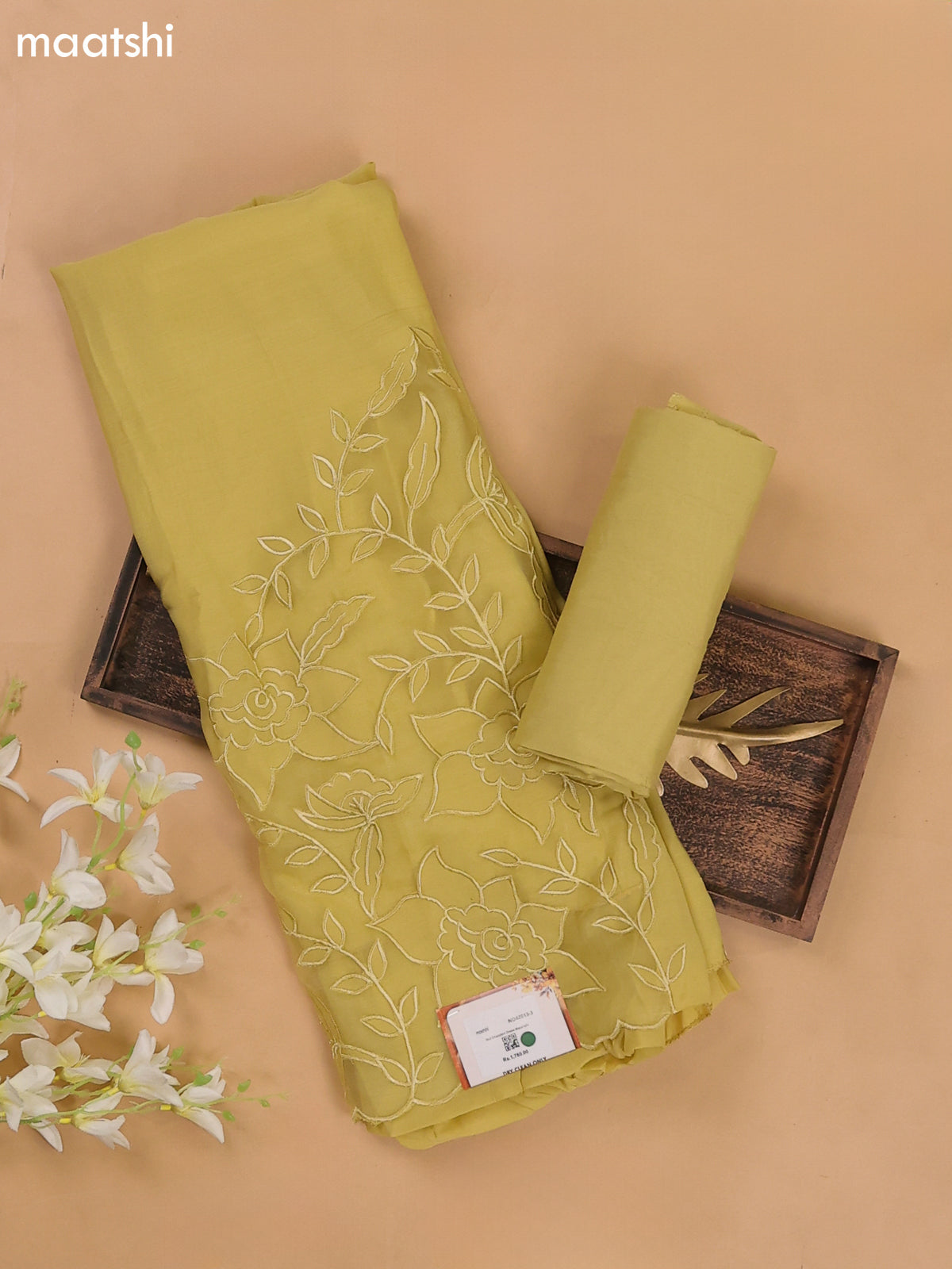 Pale Yellow Mul Chanderi Dress Materials With Floral Embroidery Work