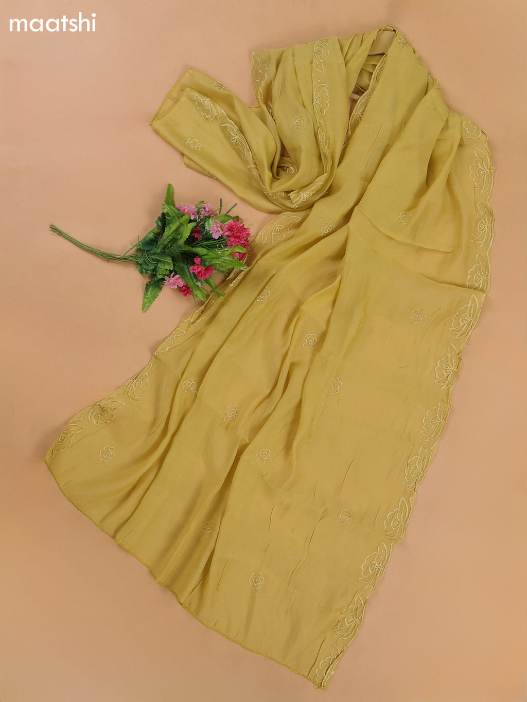 Pale Yellow Mul Chanderi Dress Materials With Floral Embroidery Work