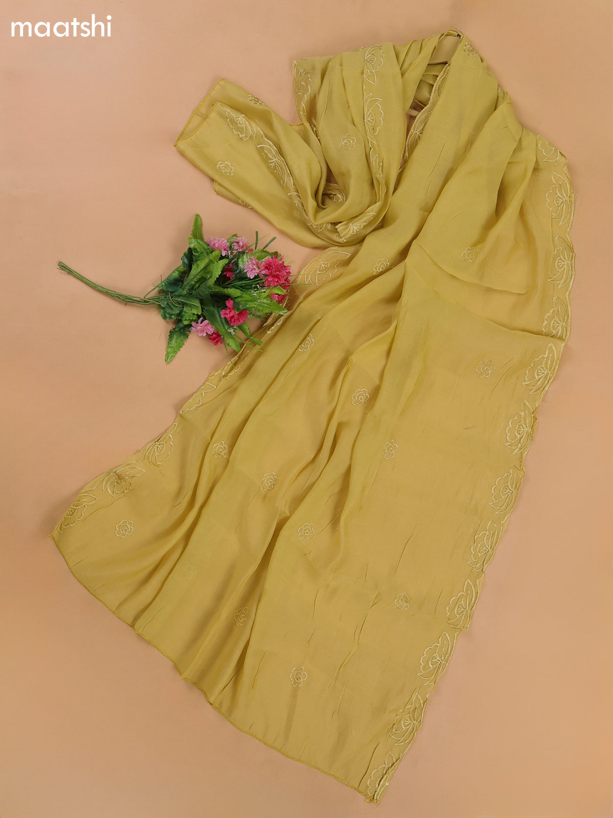 Pale Yellow Mul Chanderi Dress Materials With Floral Embroidery Work