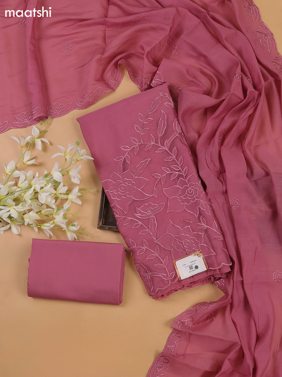 Peach Pink Mul Chanderi Dress Materials With Floral Embroidery Work