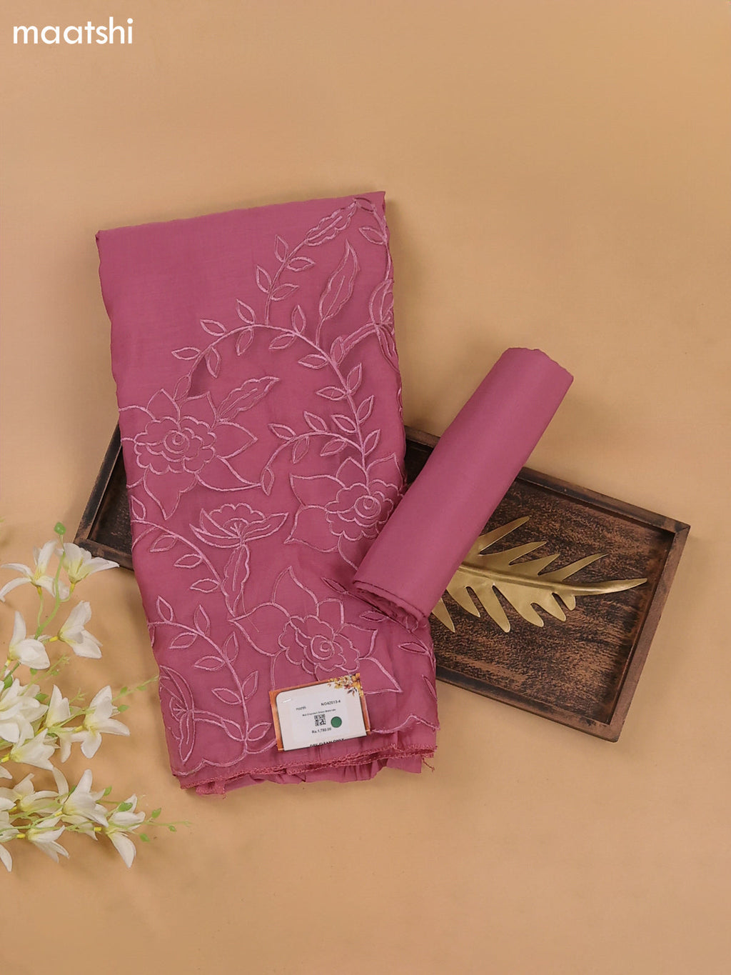 Peach Pink Mul Chanderi Dress Materials With Floral Embroidery Work
