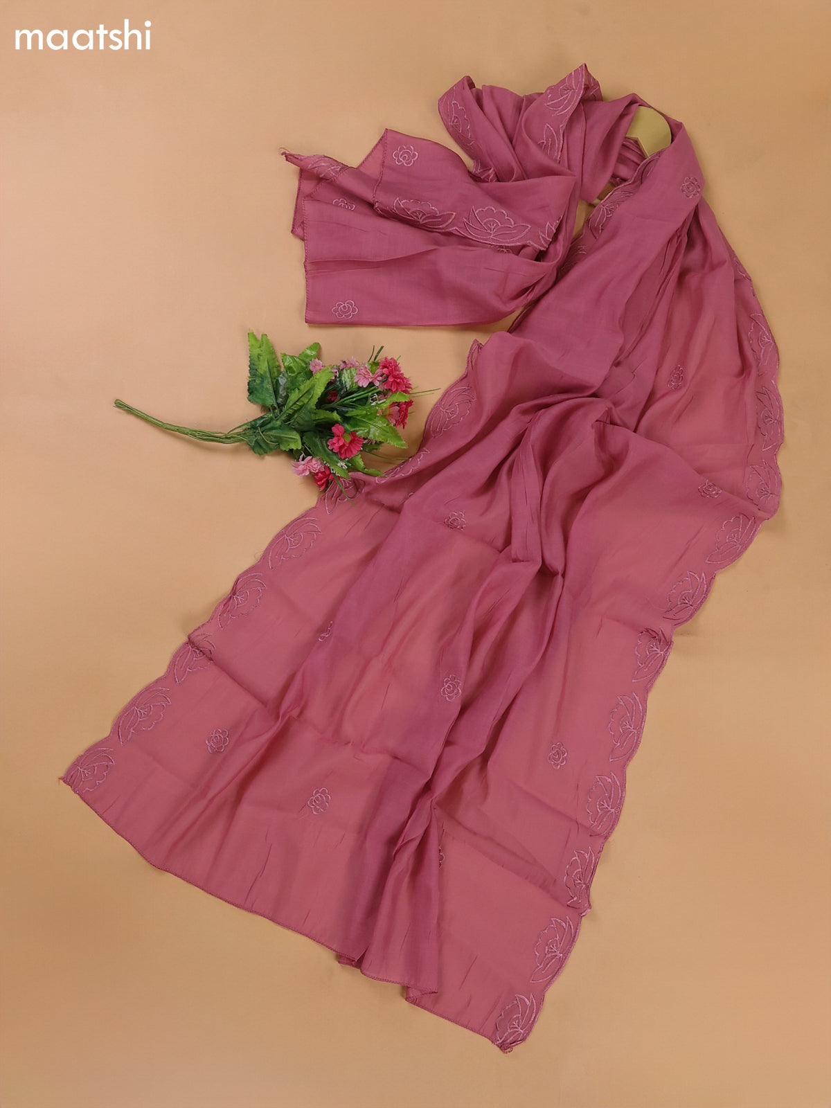 Peach Pink Mul Chanderi Dress Materials With Floral Embroidery Work