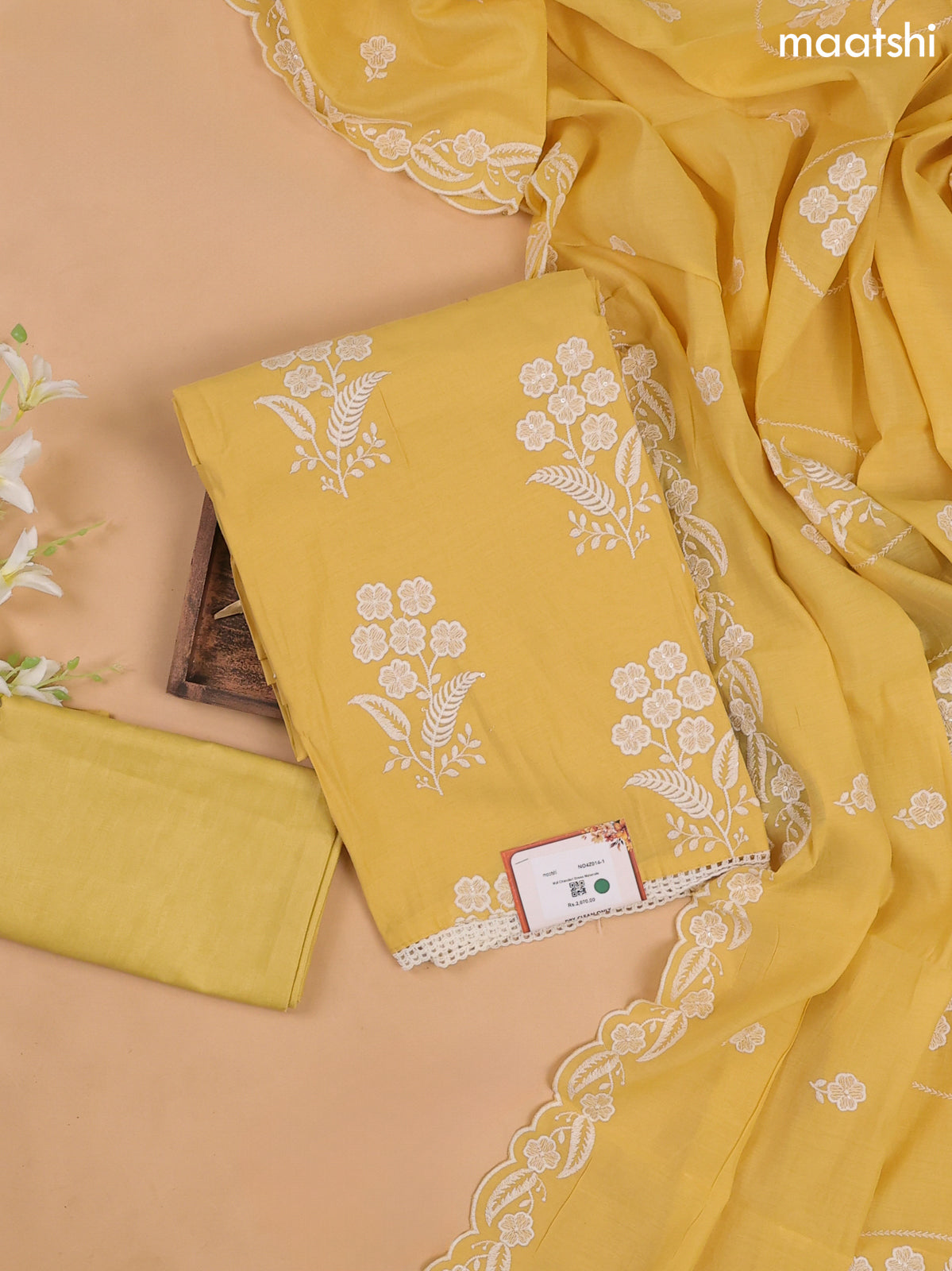 Mustard Yellow Mul Chanderi Dress Materials With Floral Embroidery Work