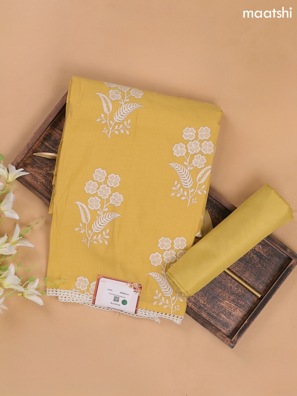 Mustard Yellow Mul Chanderi Dress Materials With Floral Embroidery Work