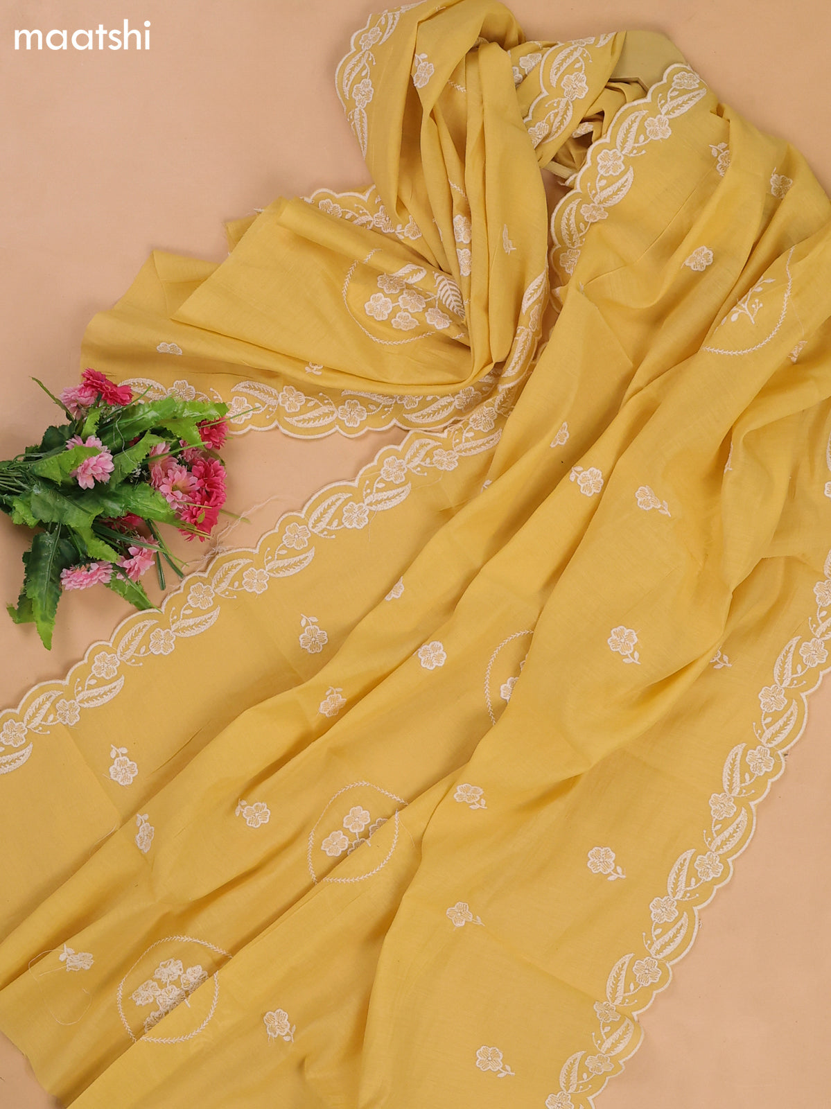 Mustard Yellow Mul Chanderi Dress Materials With Floral Embroidery Work